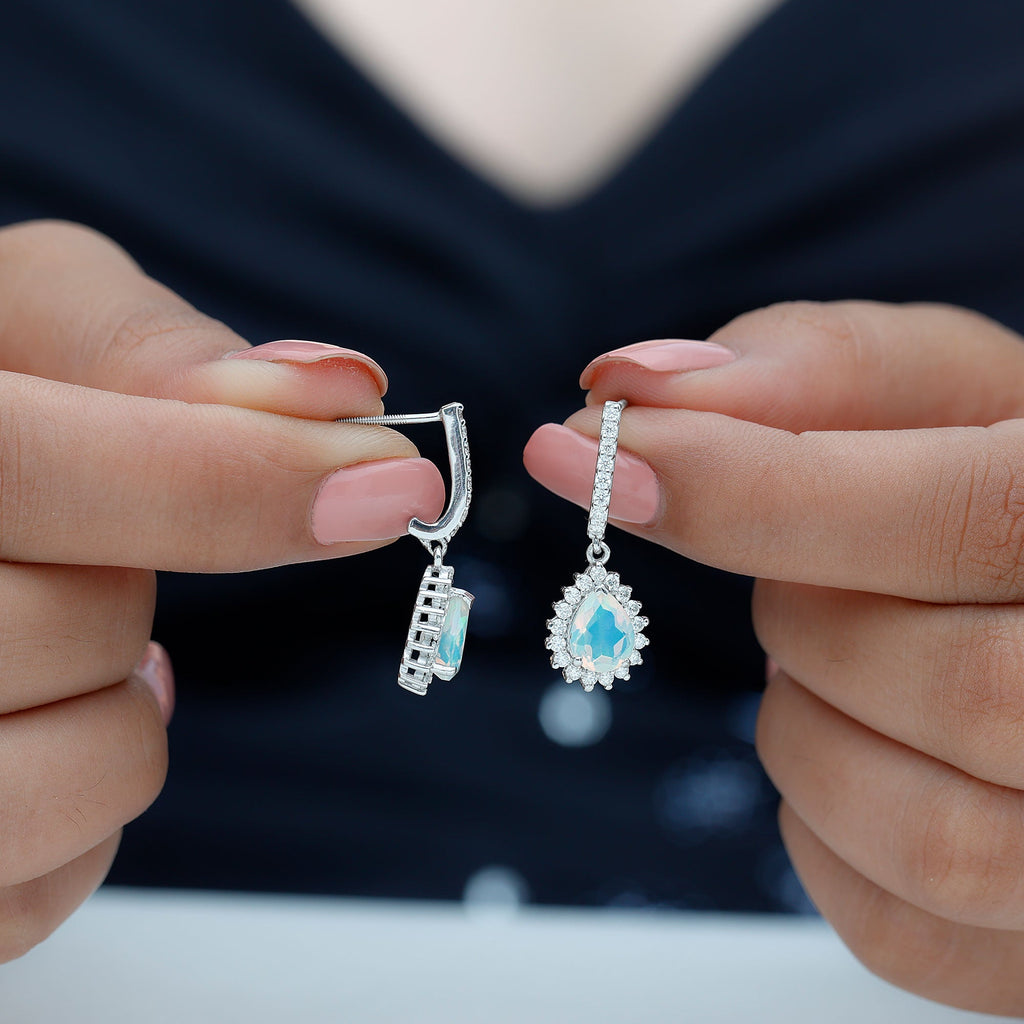 1.4 Carat Ethiopian Opal Teardrop Earrings with Moissanite Halo