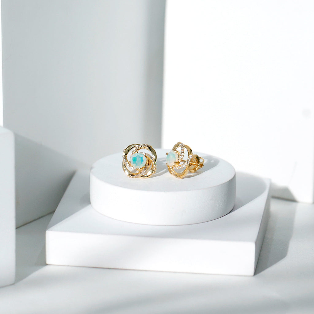 Genuine Ethiopian Opal and Diamond Swirl Stud Earrings
