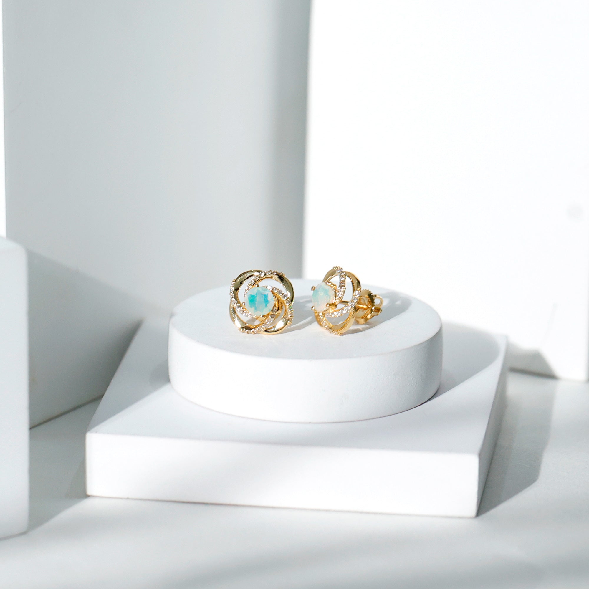 Genuine Ethiopian Opal and Diamond Swirl Stud Earrings