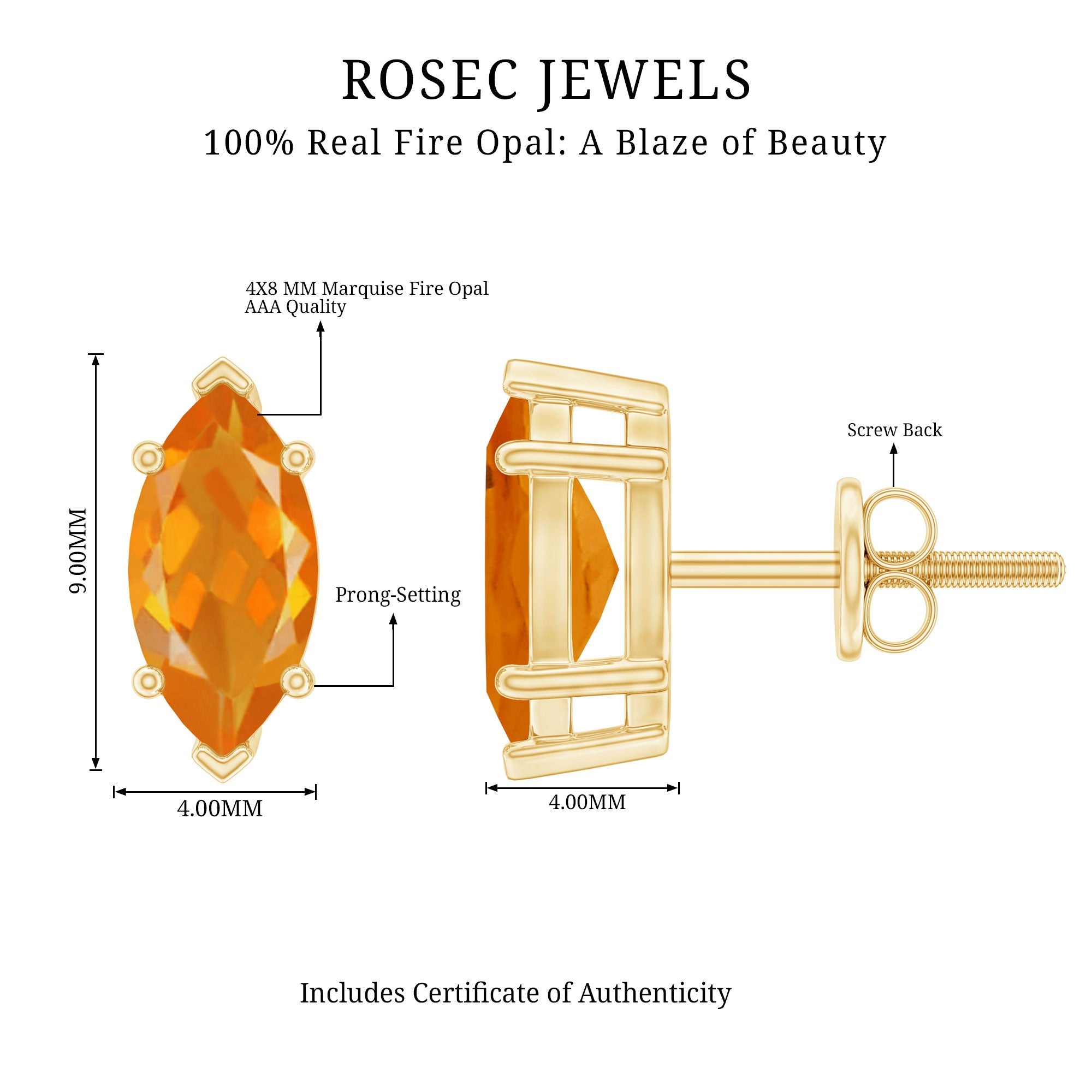 Natural Marquise Fire Opal Stud Earrings with Screw Back