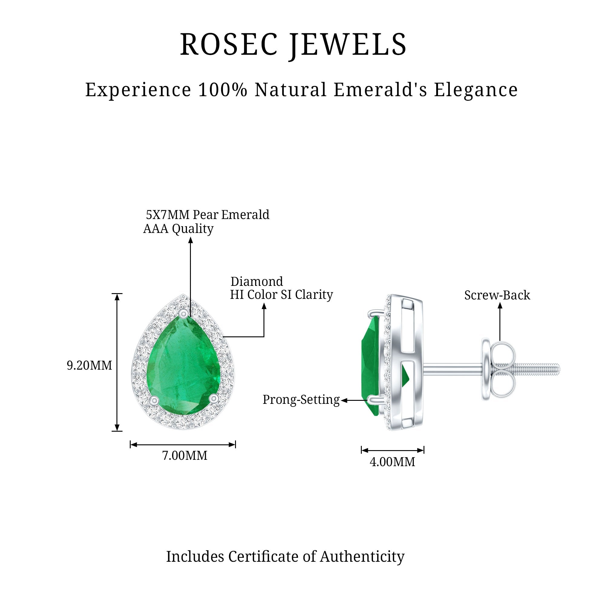 Natural 5X7mm Pear Shape Emerald Stud Earrings with Diamond Halo