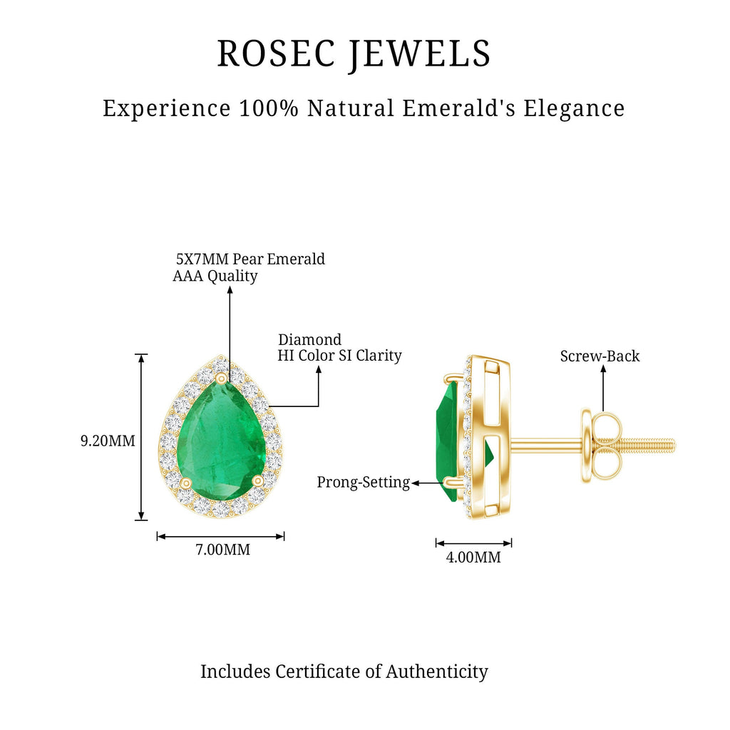 Natural 5X7mm Pear Shape Emerald Stud Earrings with Diamond Halo