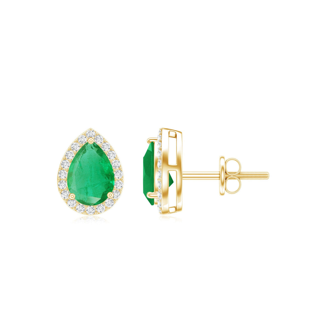 Natural 5X7mm Pear Shape Emerald Stud Earrings with Diamond Halo