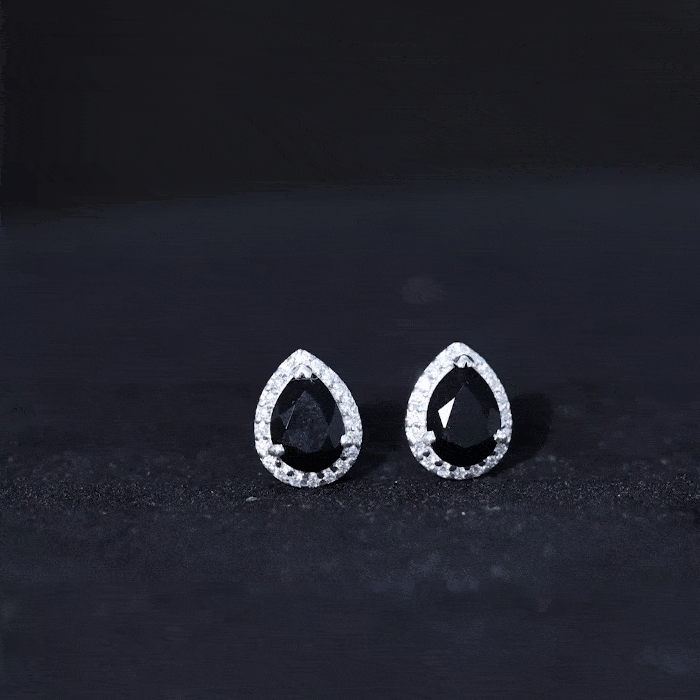 Natural 5X7 mm Pear Shape Black Spinel Earrings with Diamond Halo
