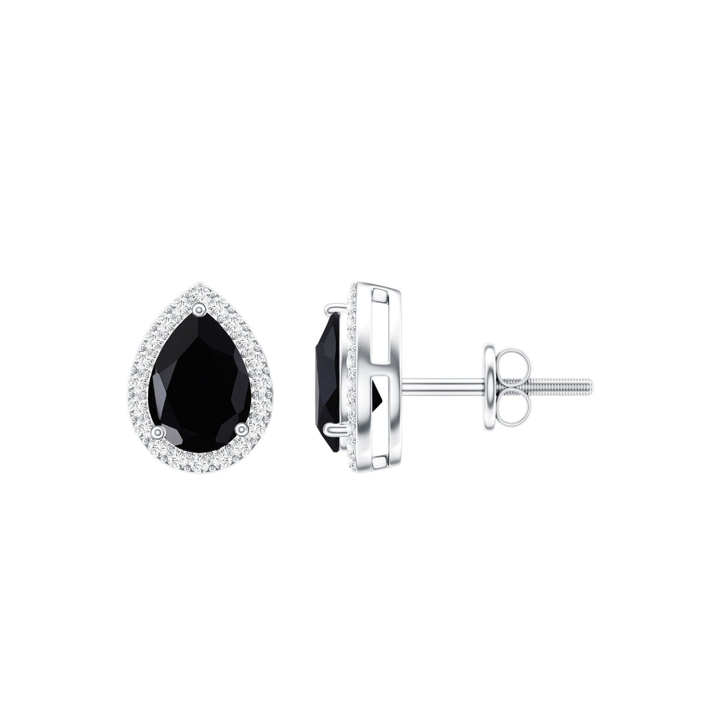 Natural 5X7 mm Pear Shape Black Spinel Earrings with Diamond Halo