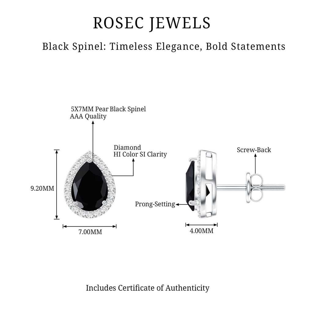 Natural 5X7 mm Pear Shape Black Spinel Earrings with Diamond Halo
