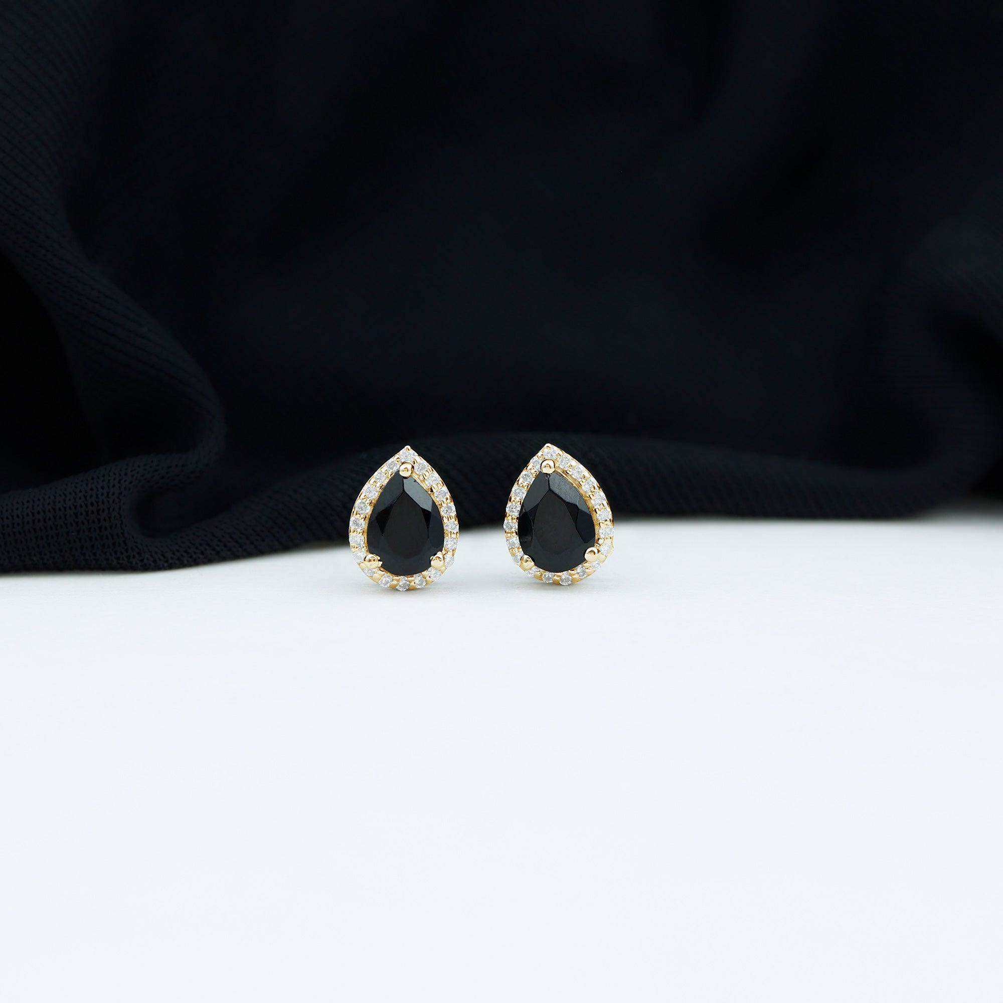 Natural 5X7 mm Pear Shape Black Spinel Earrings with Diamond Halo