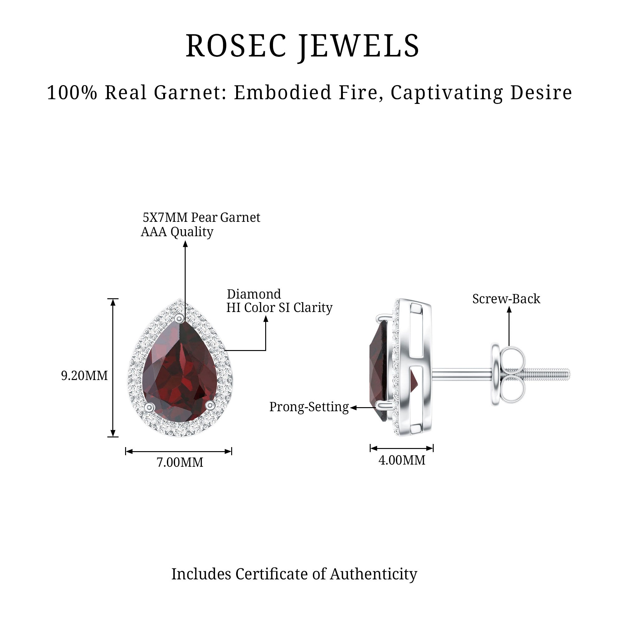 Natural 5X7MM Garnet Teardrop Stud Earrings with Diamond Halo
