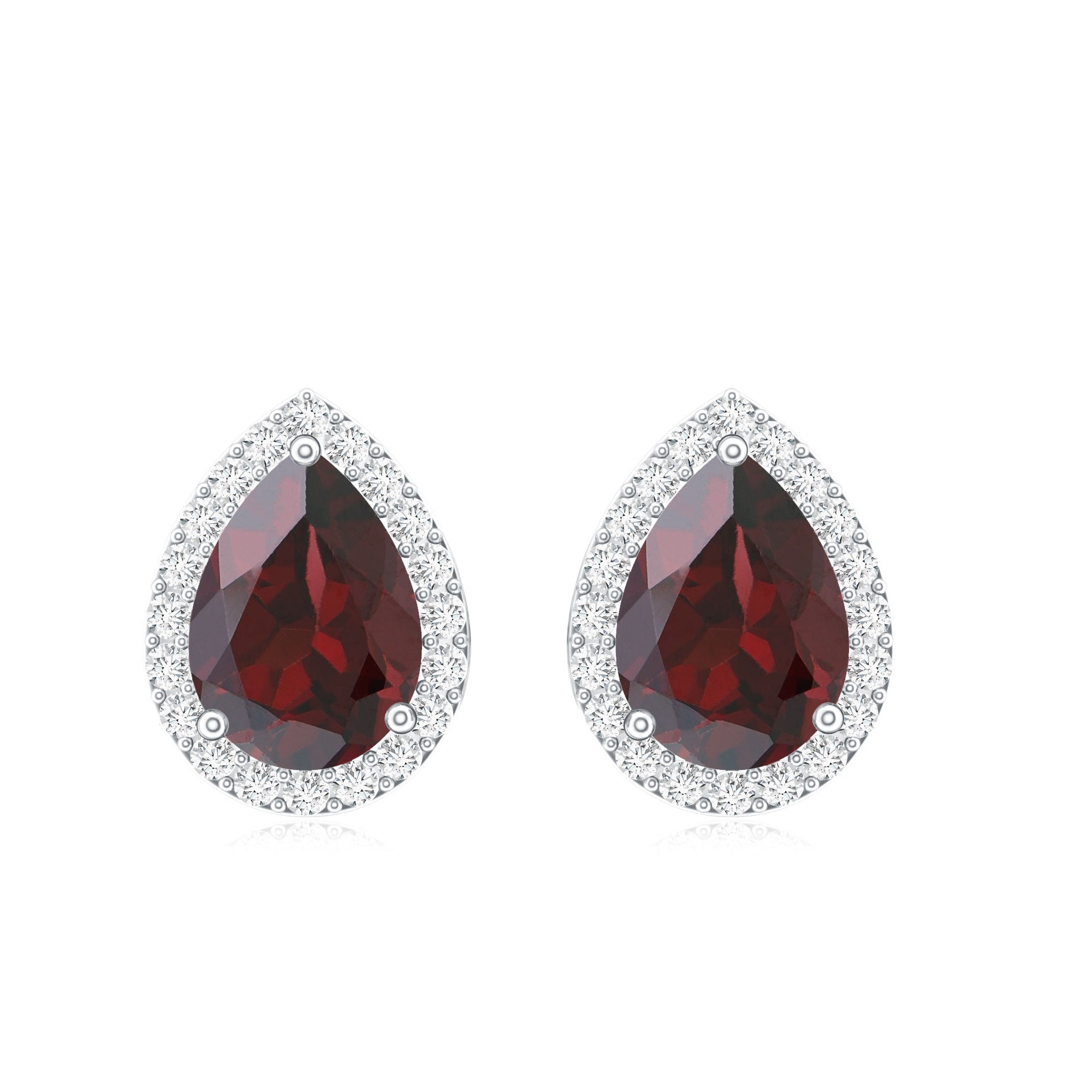 Natural 5X7MM Garnet Teardrop Stud Earrings with Diamond Halo