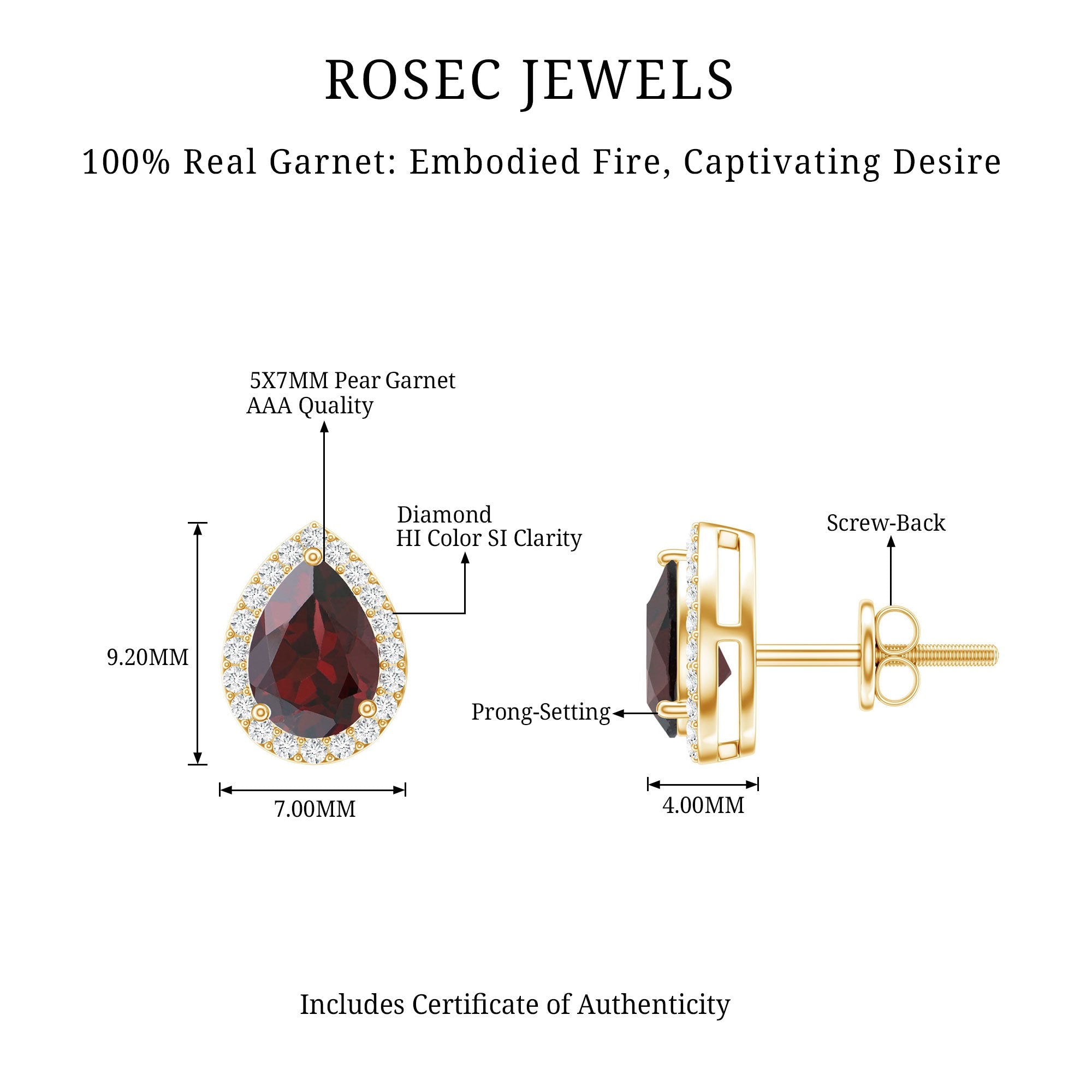 Natural 5X7MM Garnet Teardrop Stud Earrings with Diamond Halo