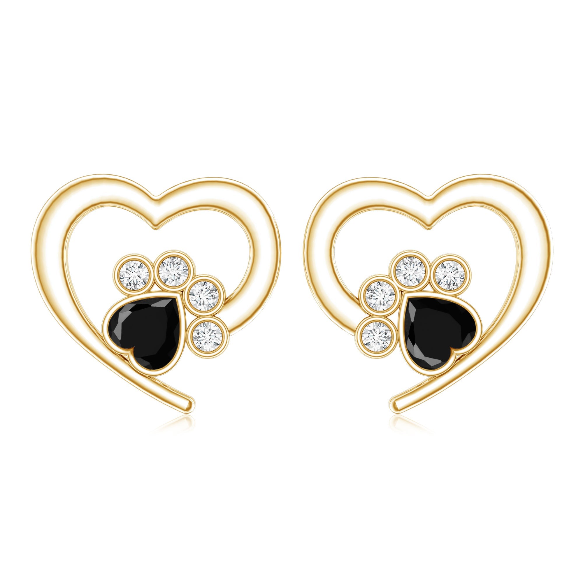Heart Shape Black Onyx and Diamond Paw Stud Earrings
