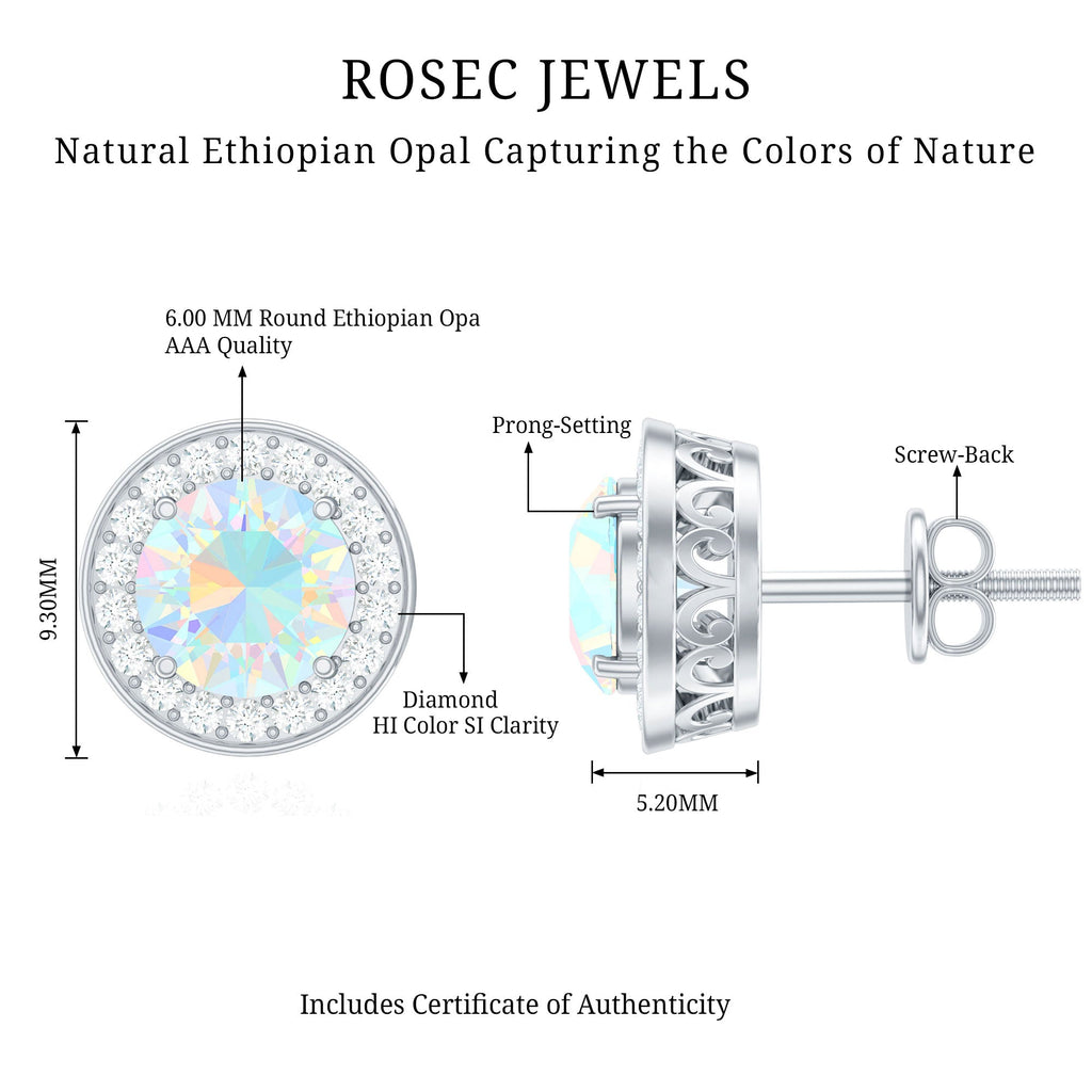 1.6 Carat Round Ethiopian Opal and Diamond Halo Stud Earrings