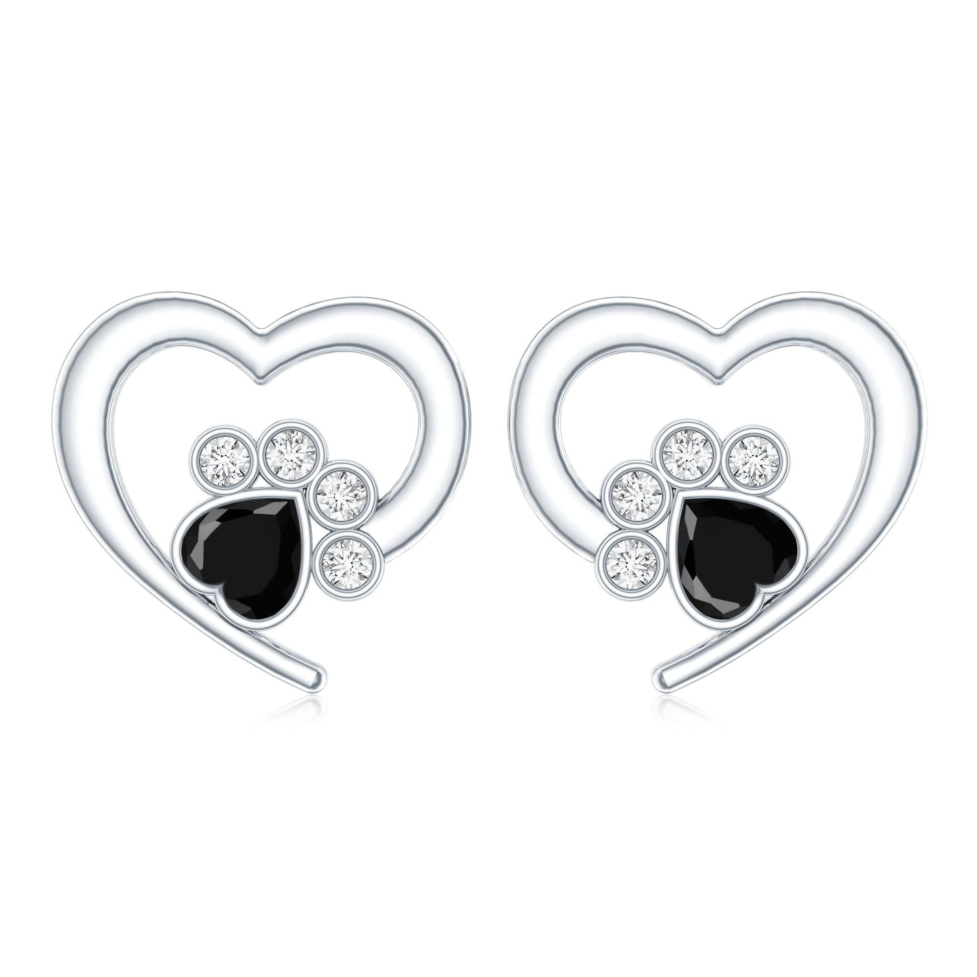 Heart Shape Black Spinel Paw Stud Earrings with Moissanite
