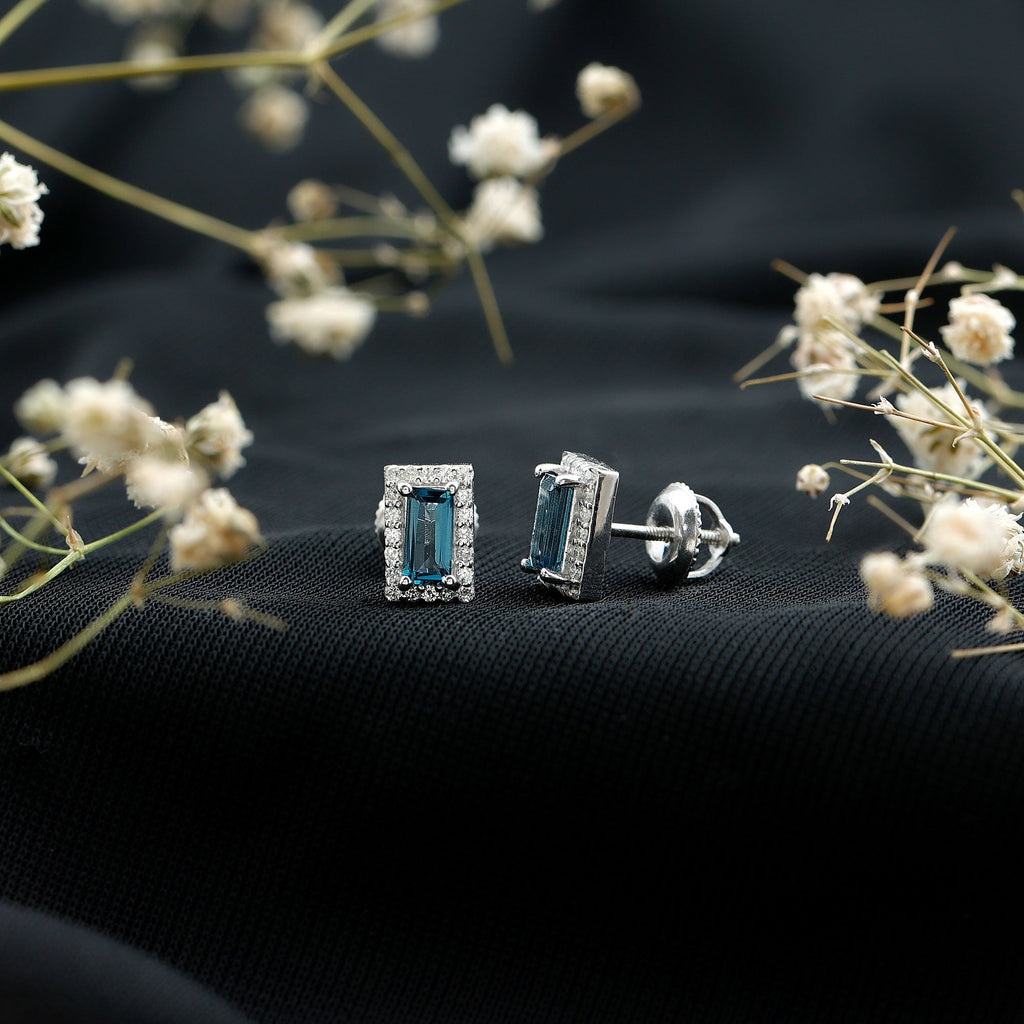 Natural Half Carat Baguette London Blue Topaz Stud Earrings with Diamond Halo