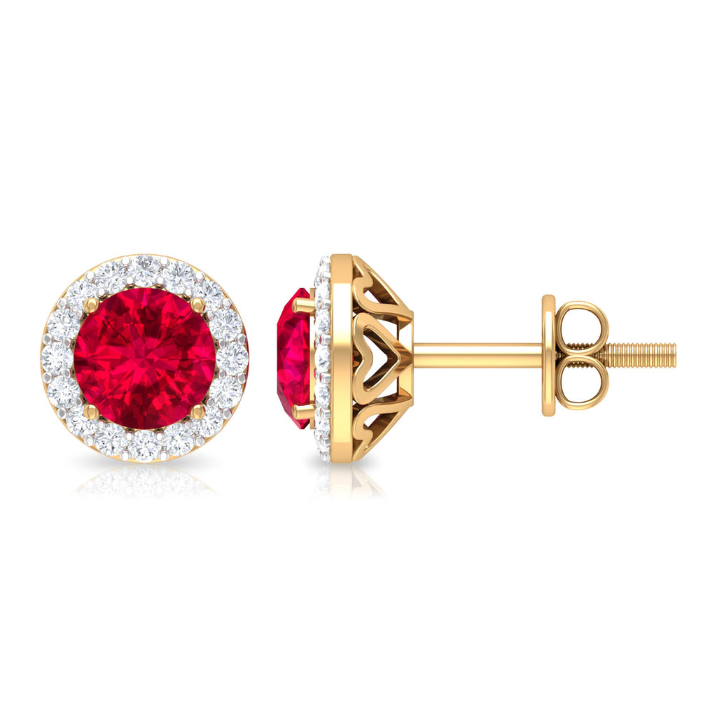 1.5 CT Lab Grown Ruby and Diamond Halo Classic Stud Earring