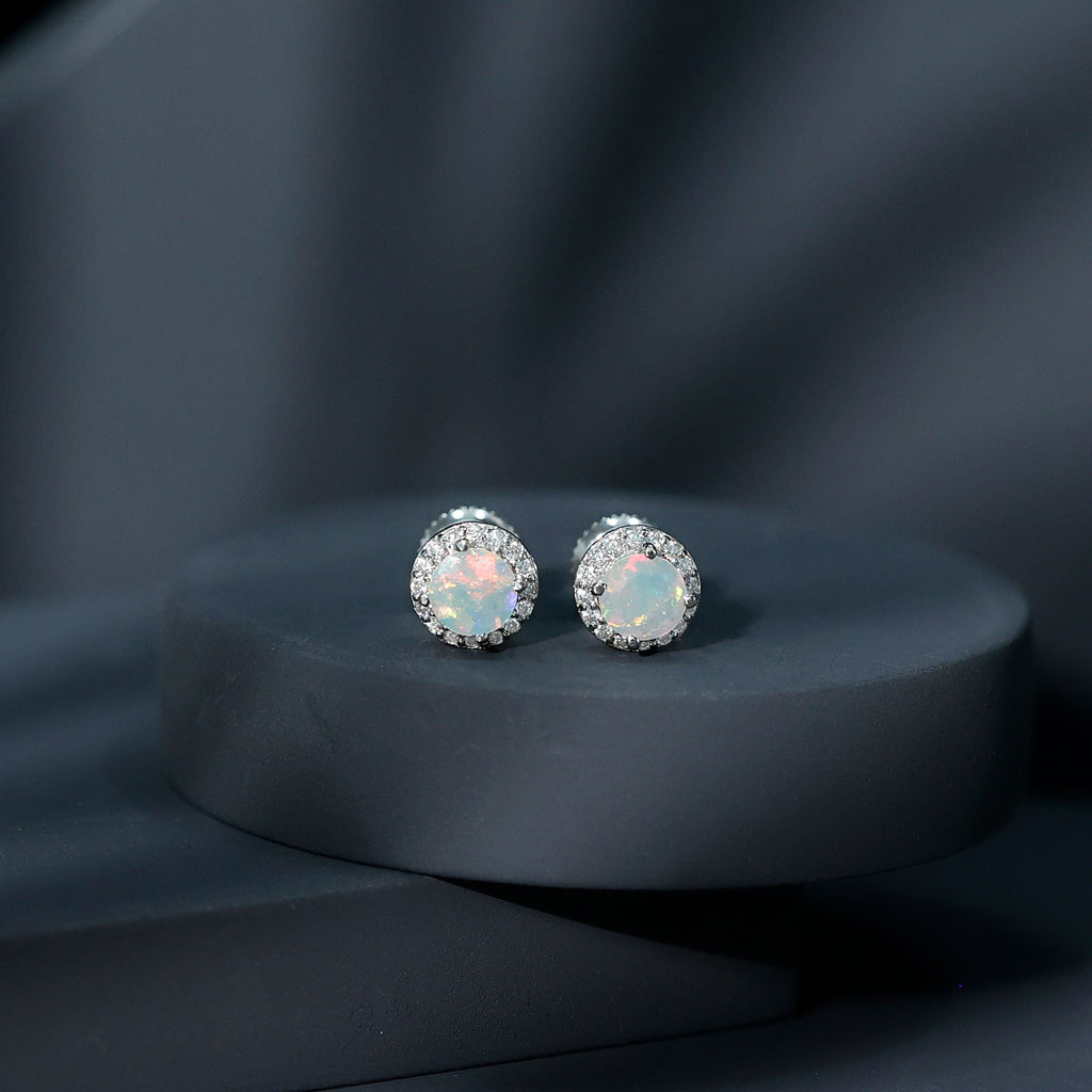 Sterling Silver 1 Carat Ethiopian Opal Stud Earrings with Halo