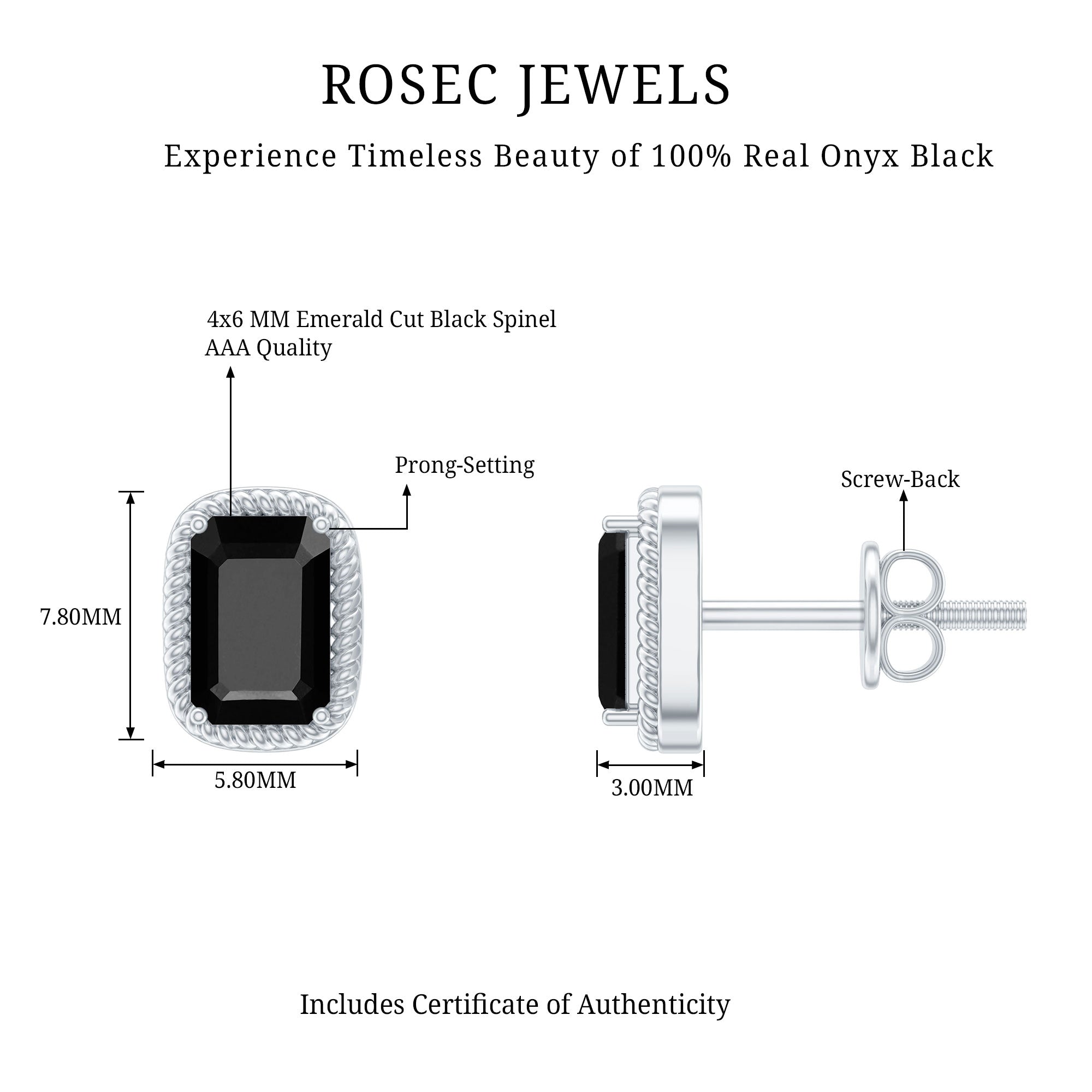 1.2 Carat Emerald Cut Black Onyx Stud Earrings in Silver