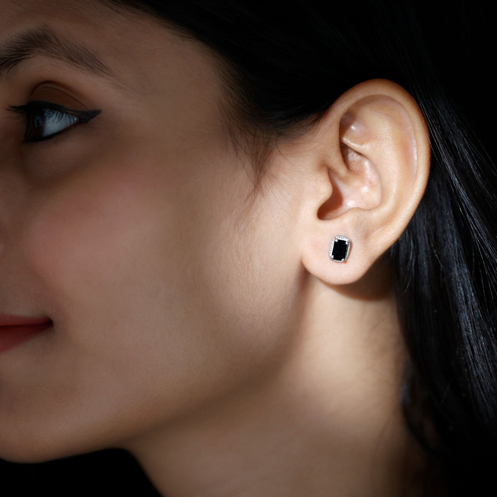 1.2 Carat Emerald Cut Black Onyx Stud Earrings in Silver