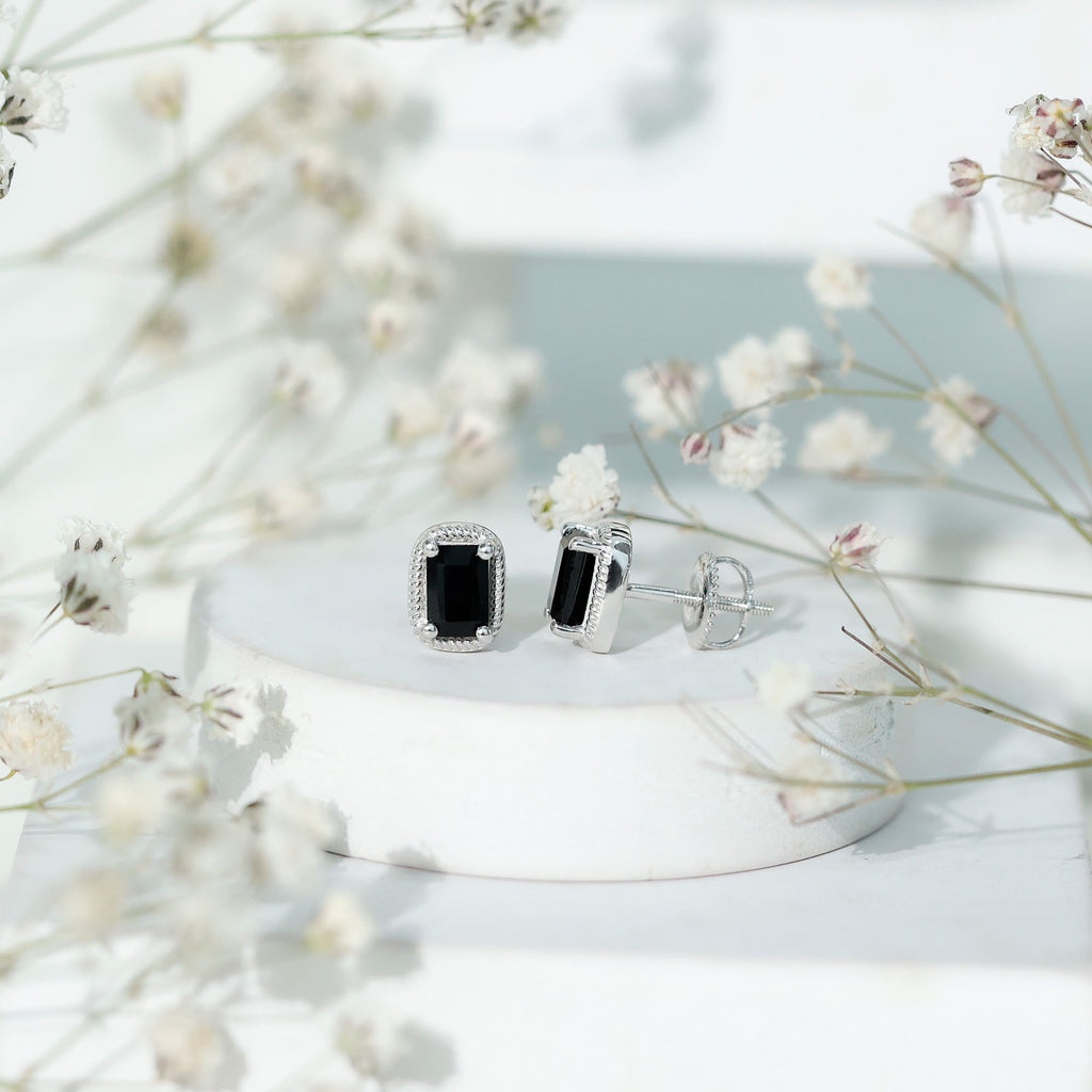 1.2 Carat Emerald Cut Black Onyx Stud Earrings in Silver
