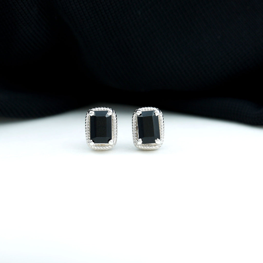 1.2 Carat Emerald Cut Black Onyx Stud Earrings in Silver