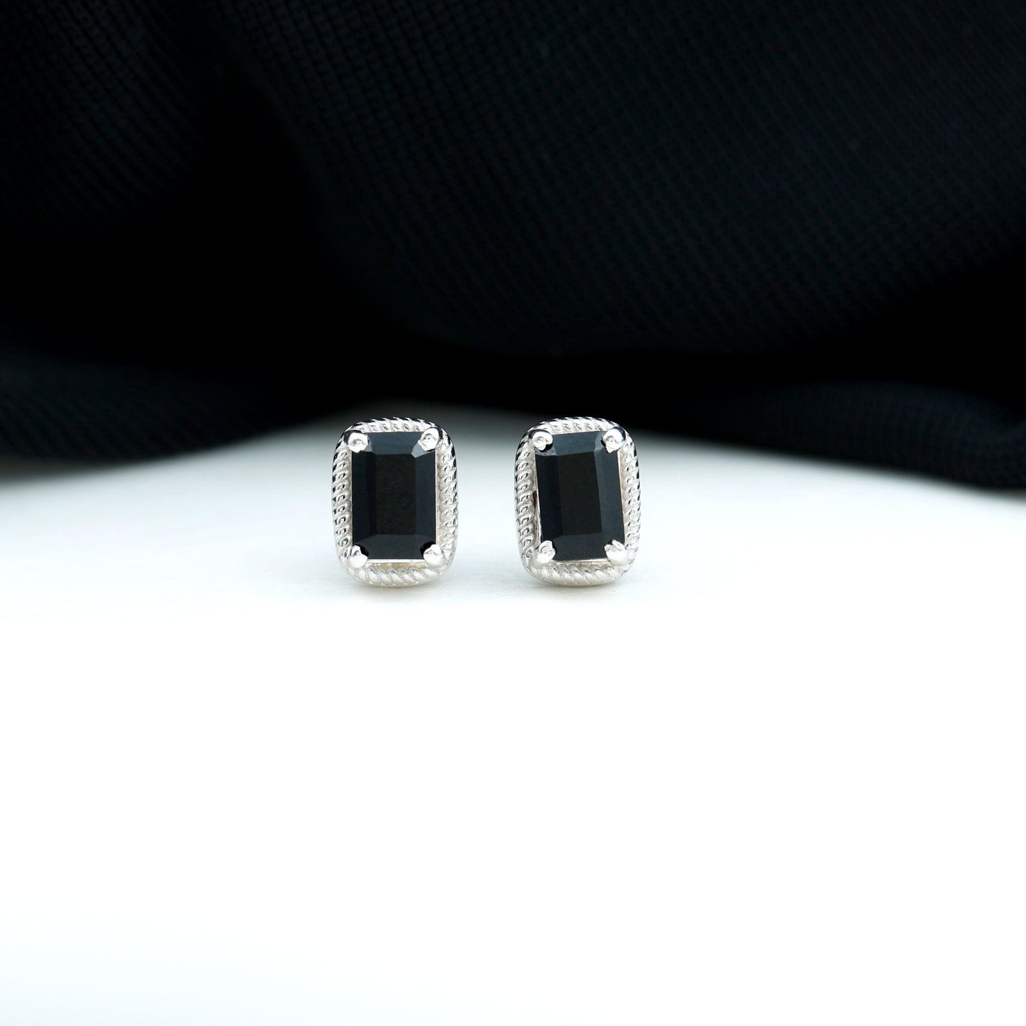 1.2 Carat Emerald Cut Black Onyx Stud Earrings in Silver