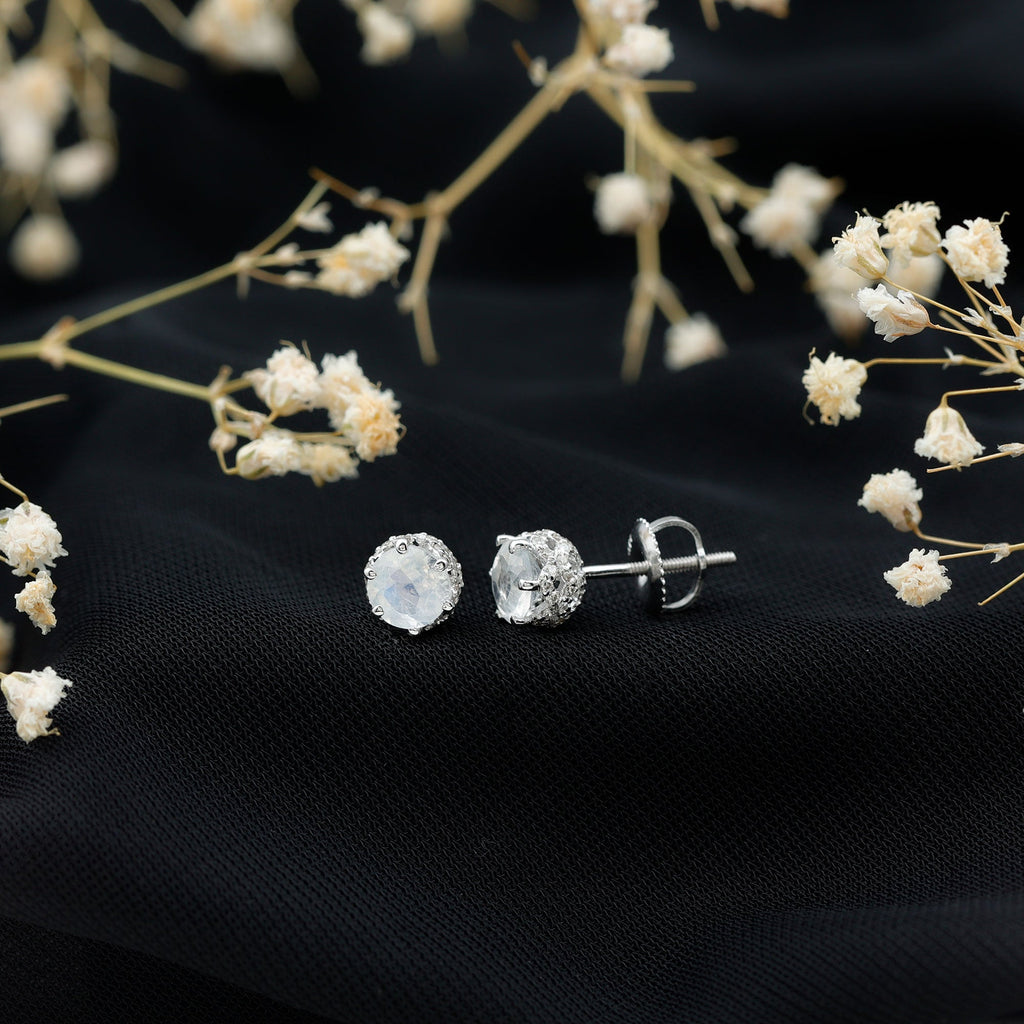 Round Cut Genuine Moonstone and Diamond Stud Earrings