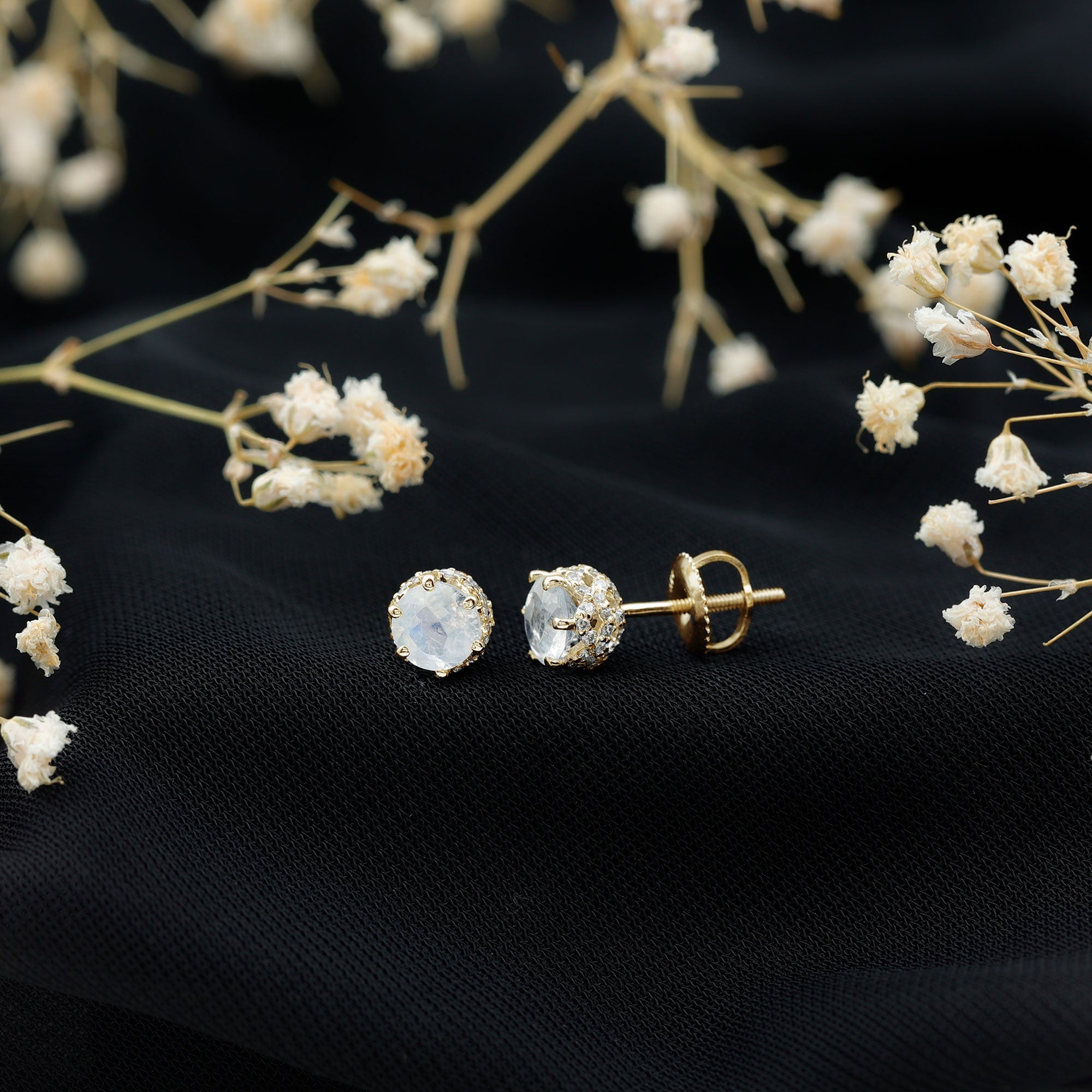 Round Cut Genuine Moonstone and Diamond Stud Earrings