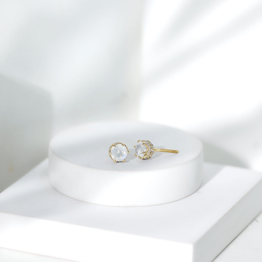 Round Cut Genuine Moonstone and Diamond Stud Earrings