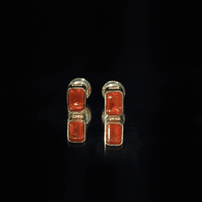 Emerald Cut Stud Earrings with Bezel Set Fire Opal