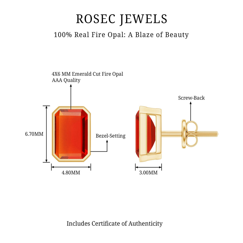 Emerald Cut Stud Earrings with Bezel Set Fire Opal