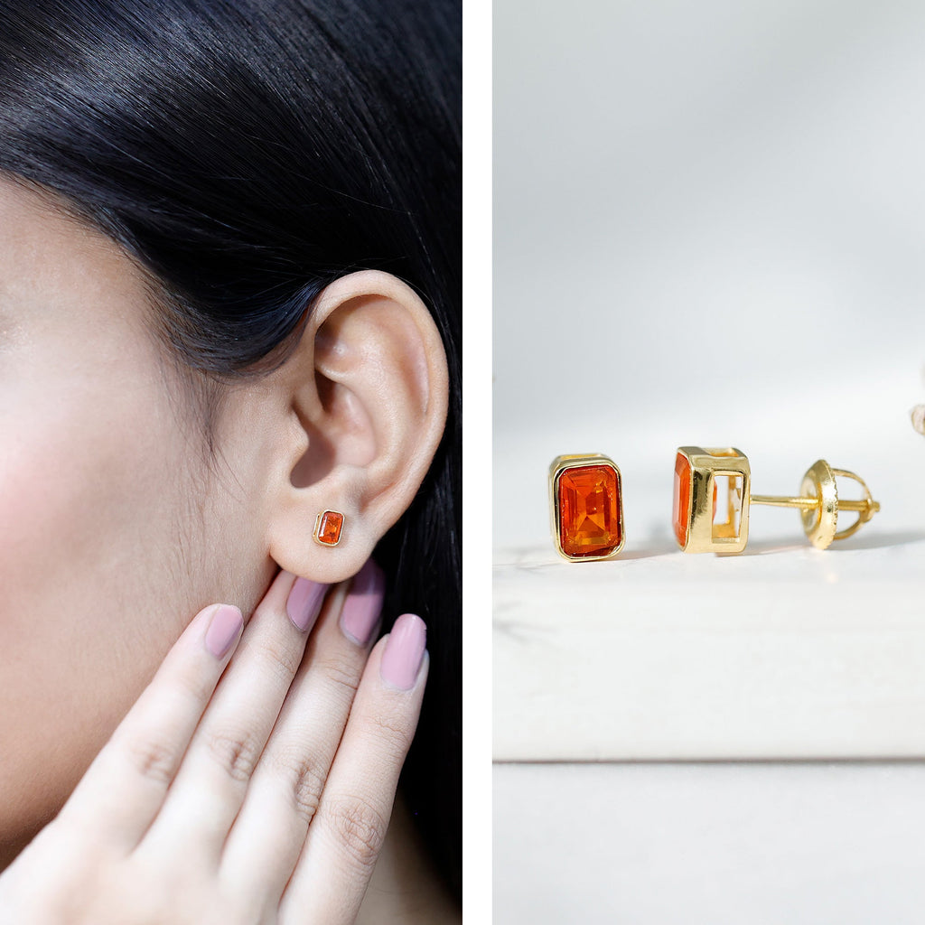 Emerald Cut Stud Earrings with Bezel Set Fire Opal