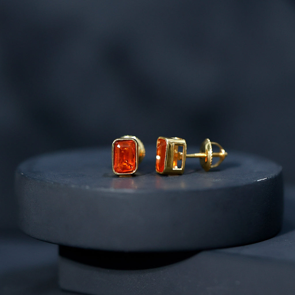 Emerald Cut Stud Earrings with Bezel Set Fire Opal