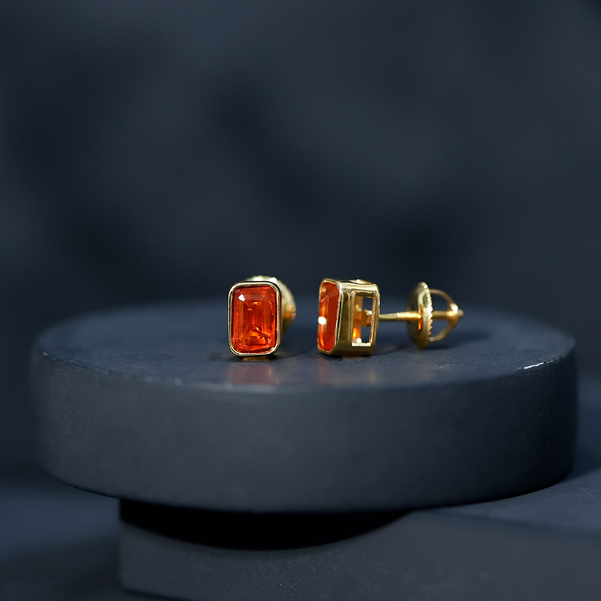 Emerald Cut Stud Earrings with Bezel Set Fire Opal