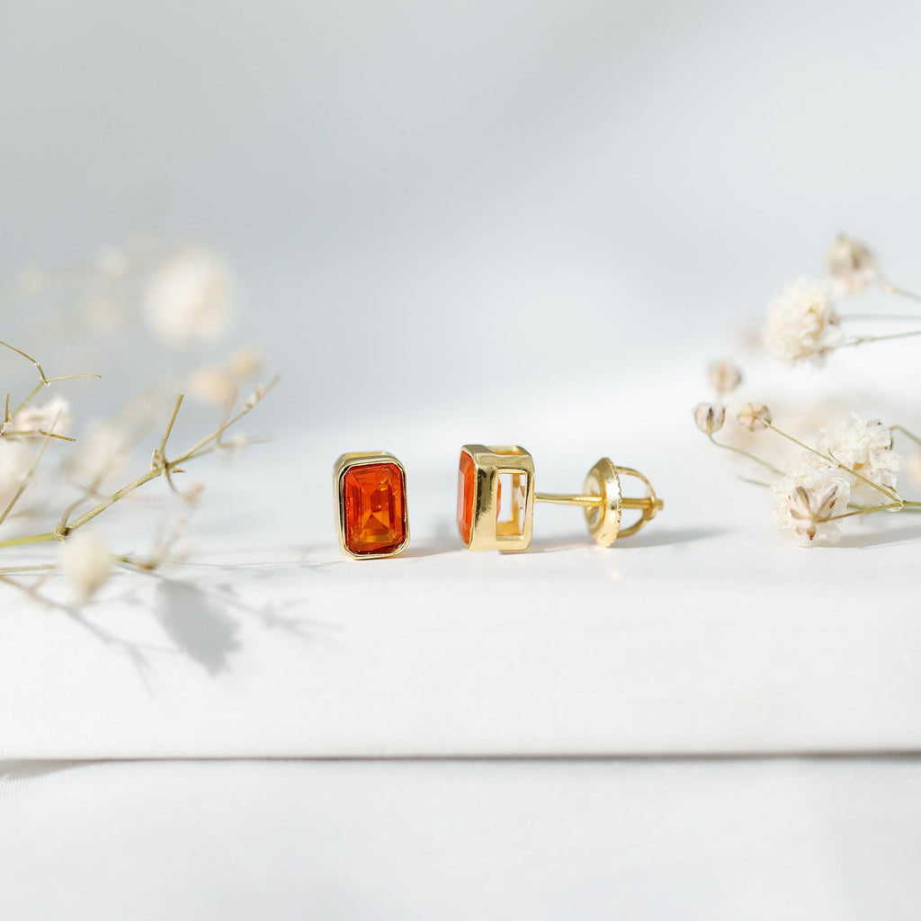Emerald Cut Stud Earrings with Bezel Set Fire Opal