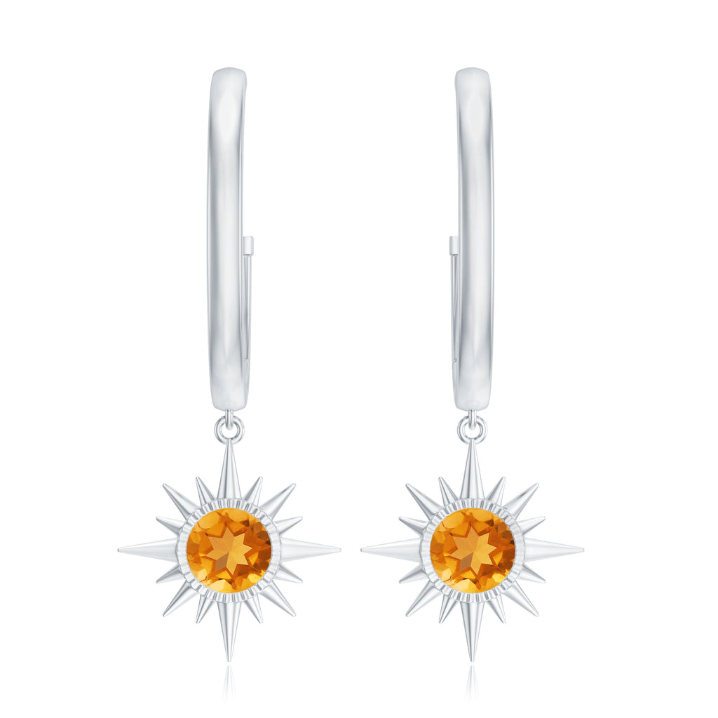 Natural Citrine Sunburst Drop Hoop Earrings