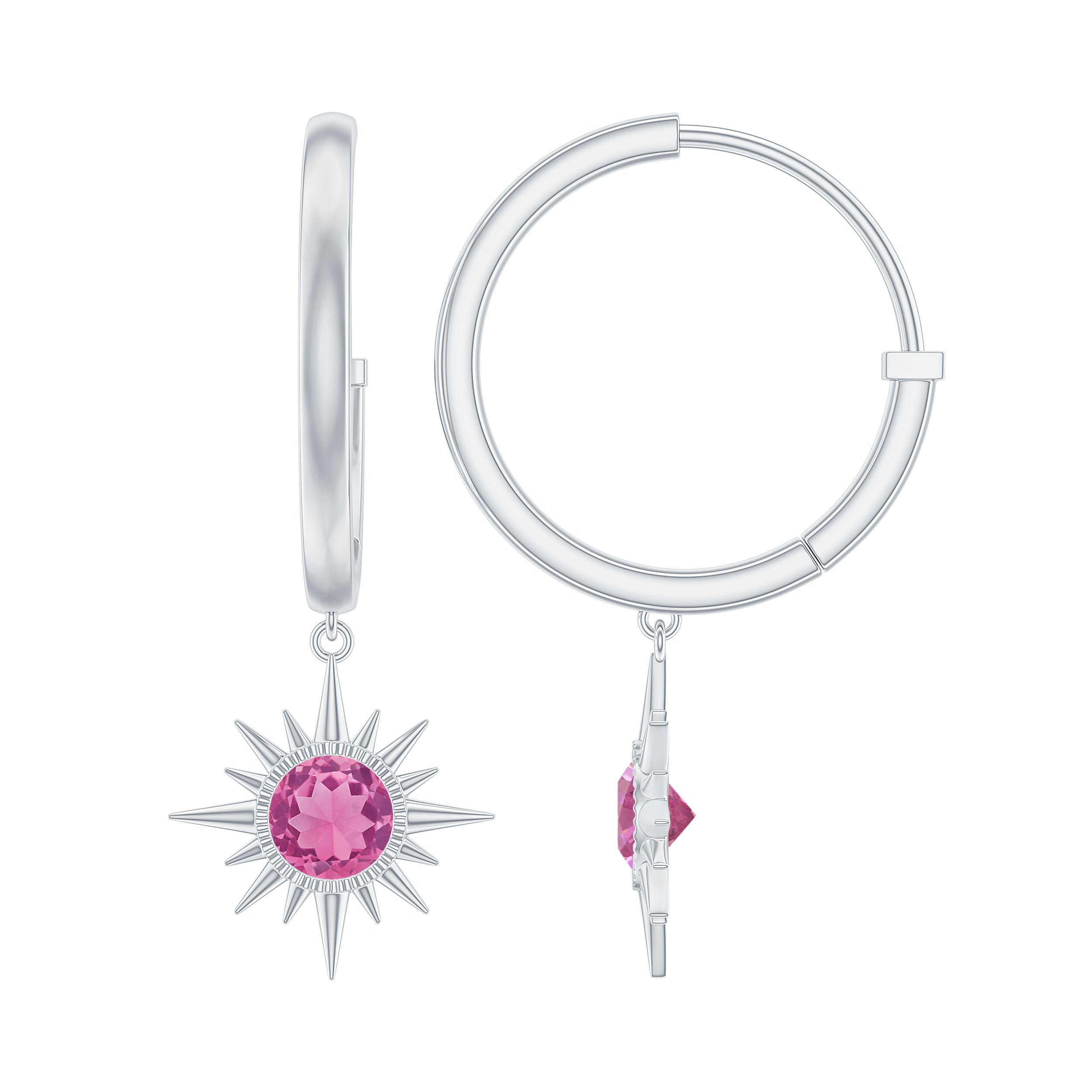 0.4 Carat Round Shape Pink Tourmaline Sunburst Hoop Drop Earrings