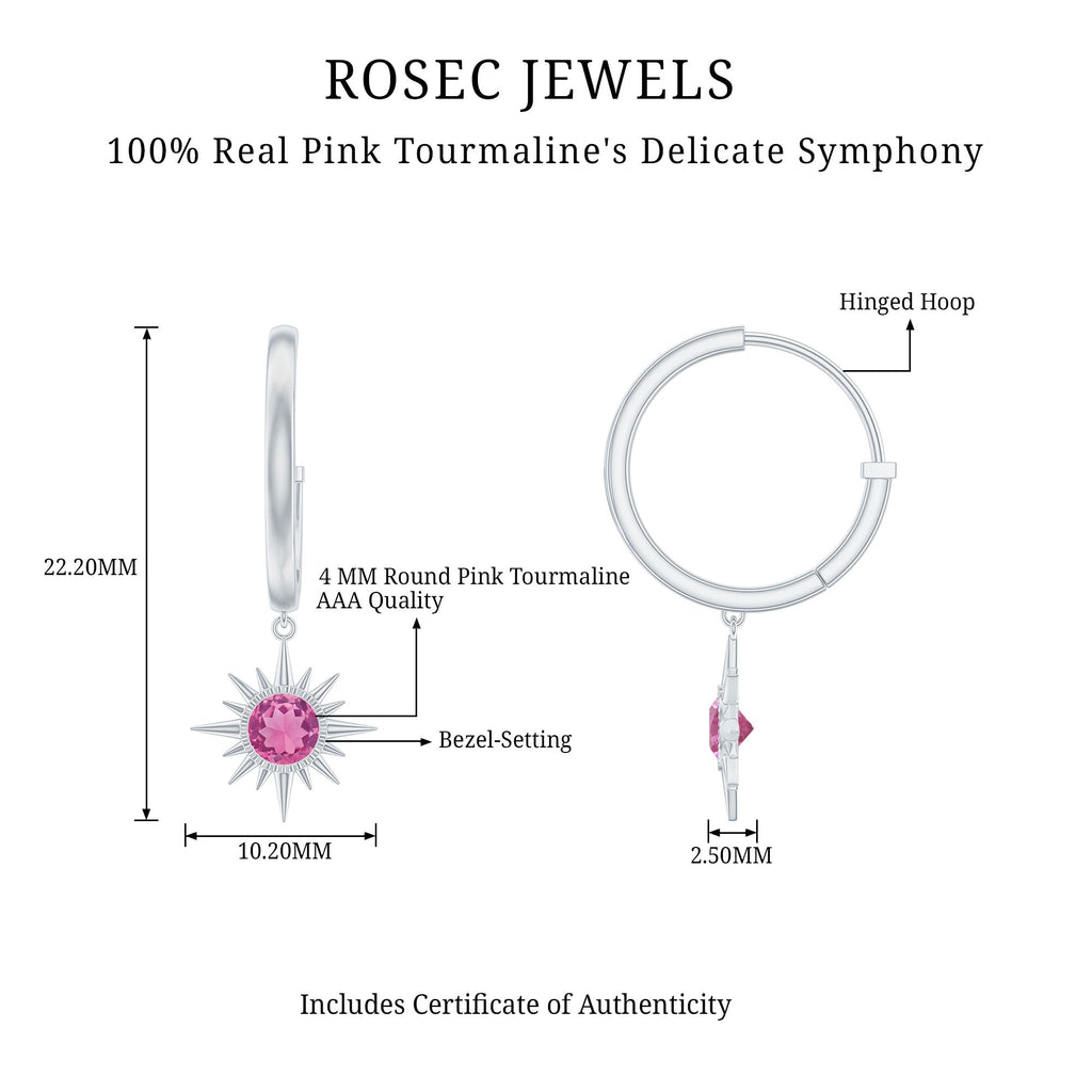 0.4 Carat Round Shape Pink Tourmaline Sunburst Hoop Drop Earrings