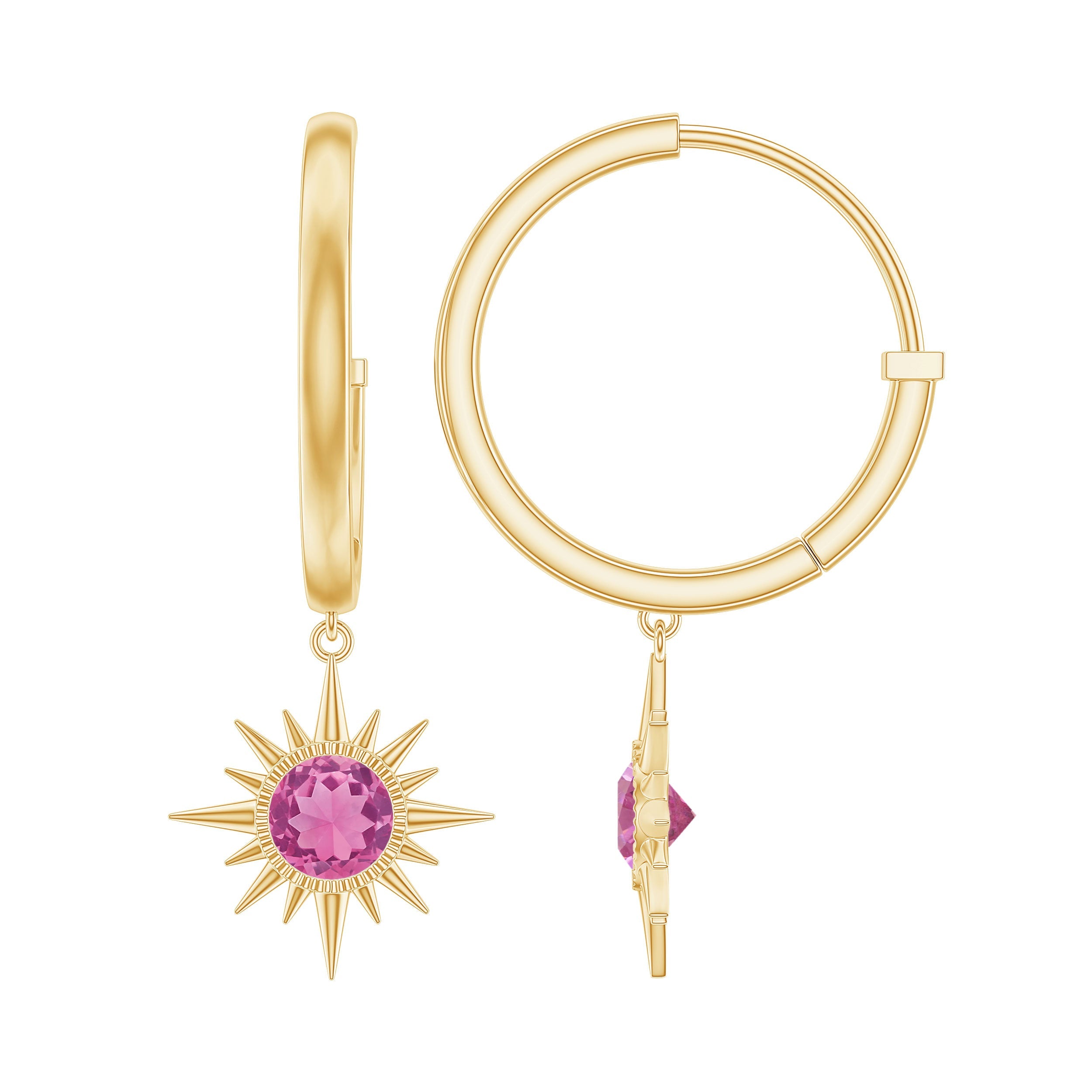 0.4 Carat Round Shape Pink Tourmaline Sunburst Hoop Drop Earrings