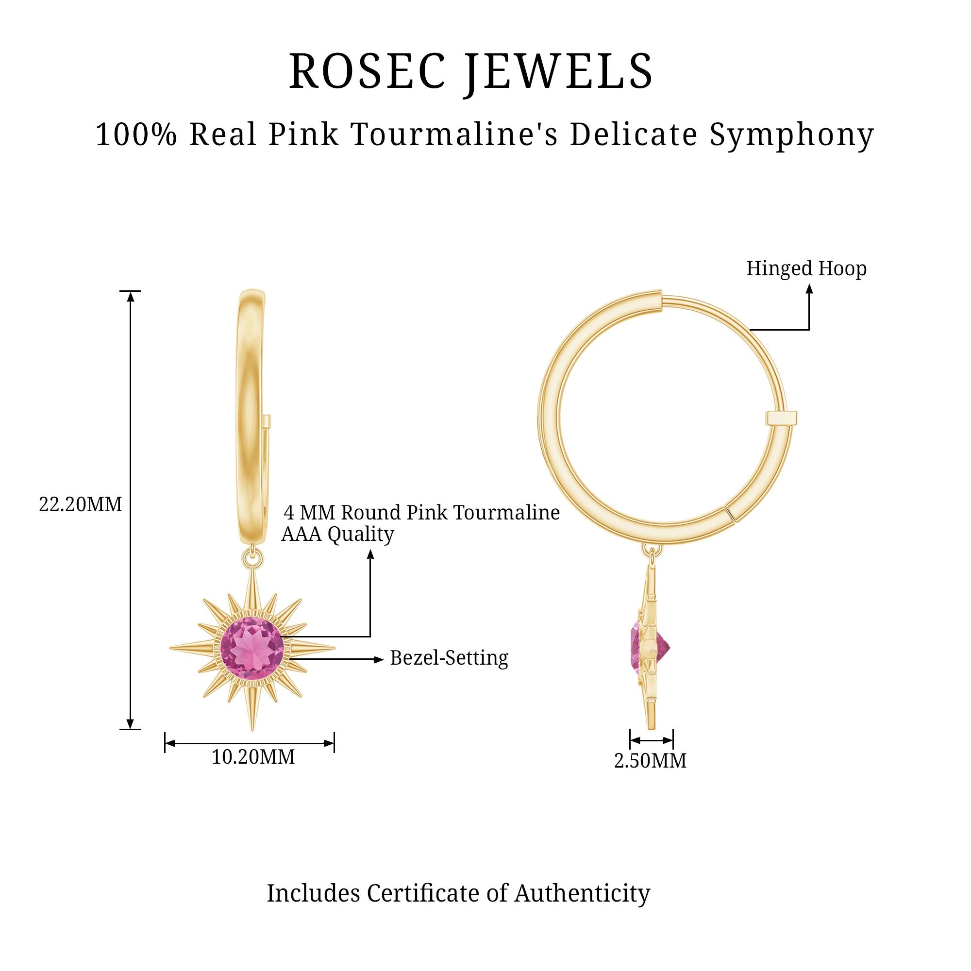 0.4 Carat Round Shape Pink Tourmaline Sunburst Hoop Drop Earrings