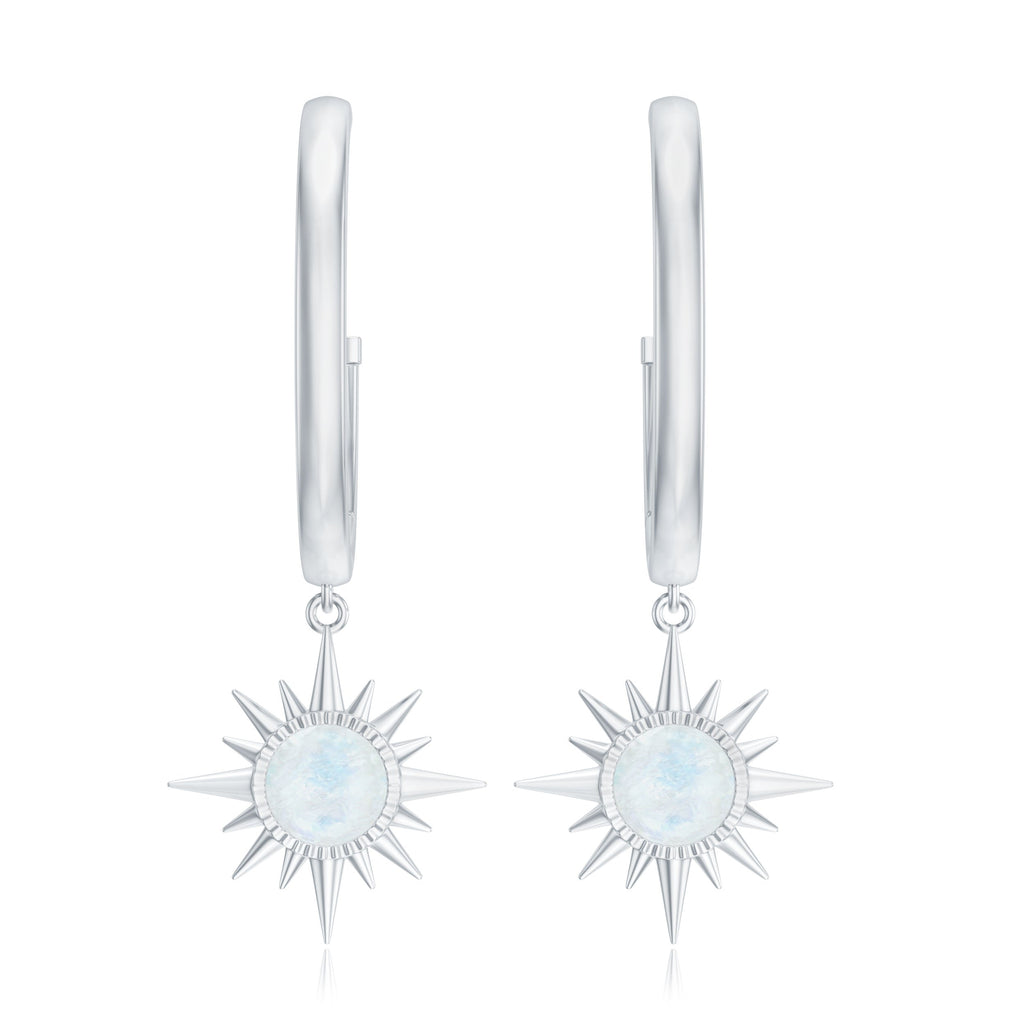 Natural 0.7 Carat Moonstone Sunburst Drop Earrings with Hinged Hoop