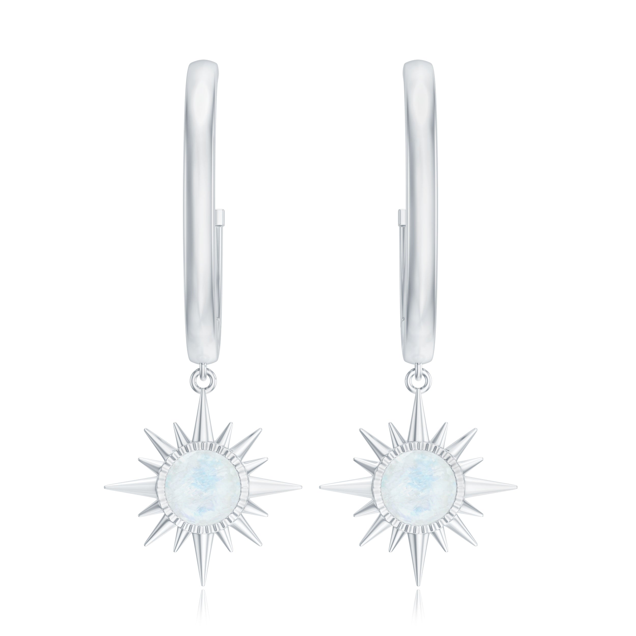 Natural 0.7 Carat Moonstone Sunburst Drop Earrings with Hinged Hoop