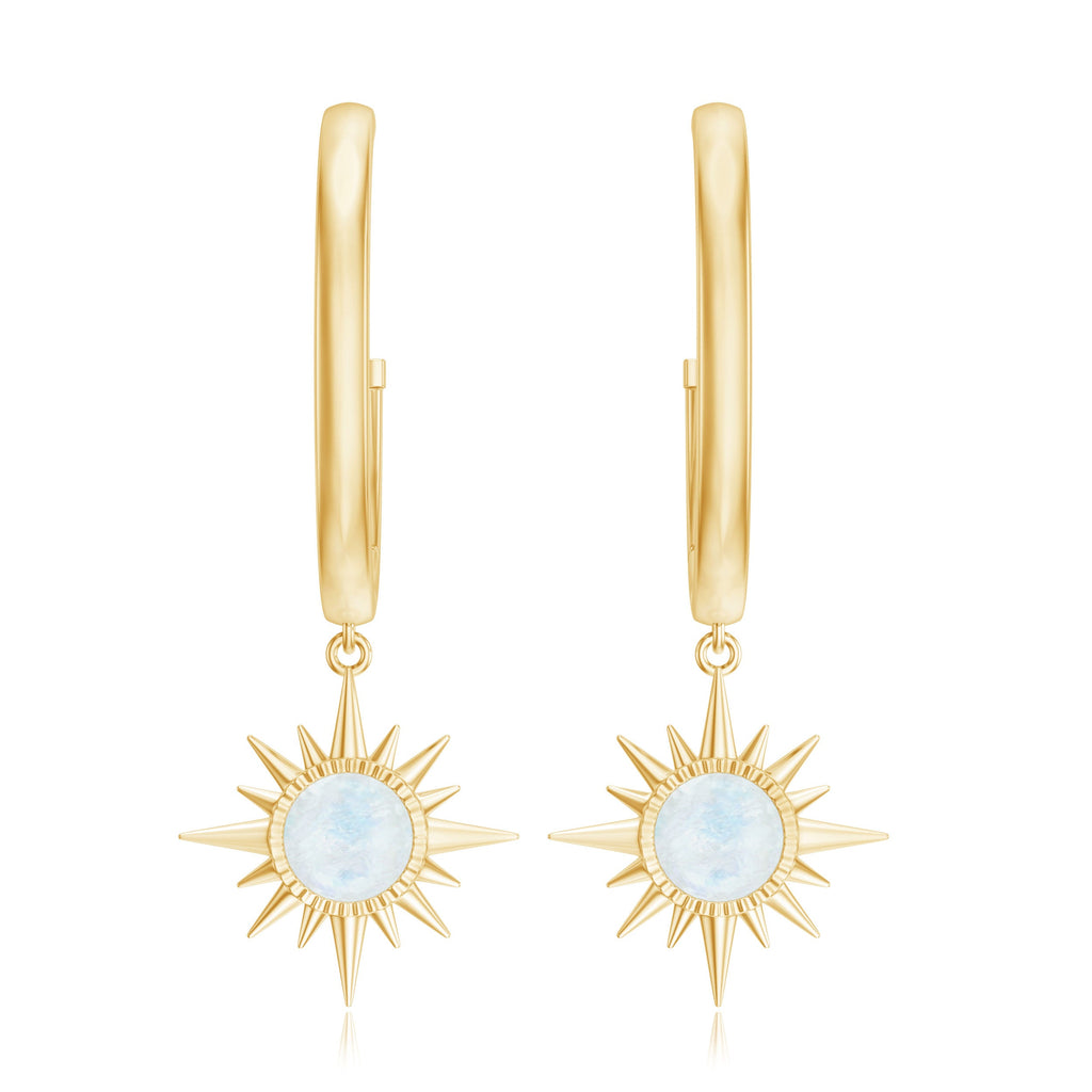 Natural 0.7 Carat Moonstone Sunburst Drop Earrings with Hinged Hoop