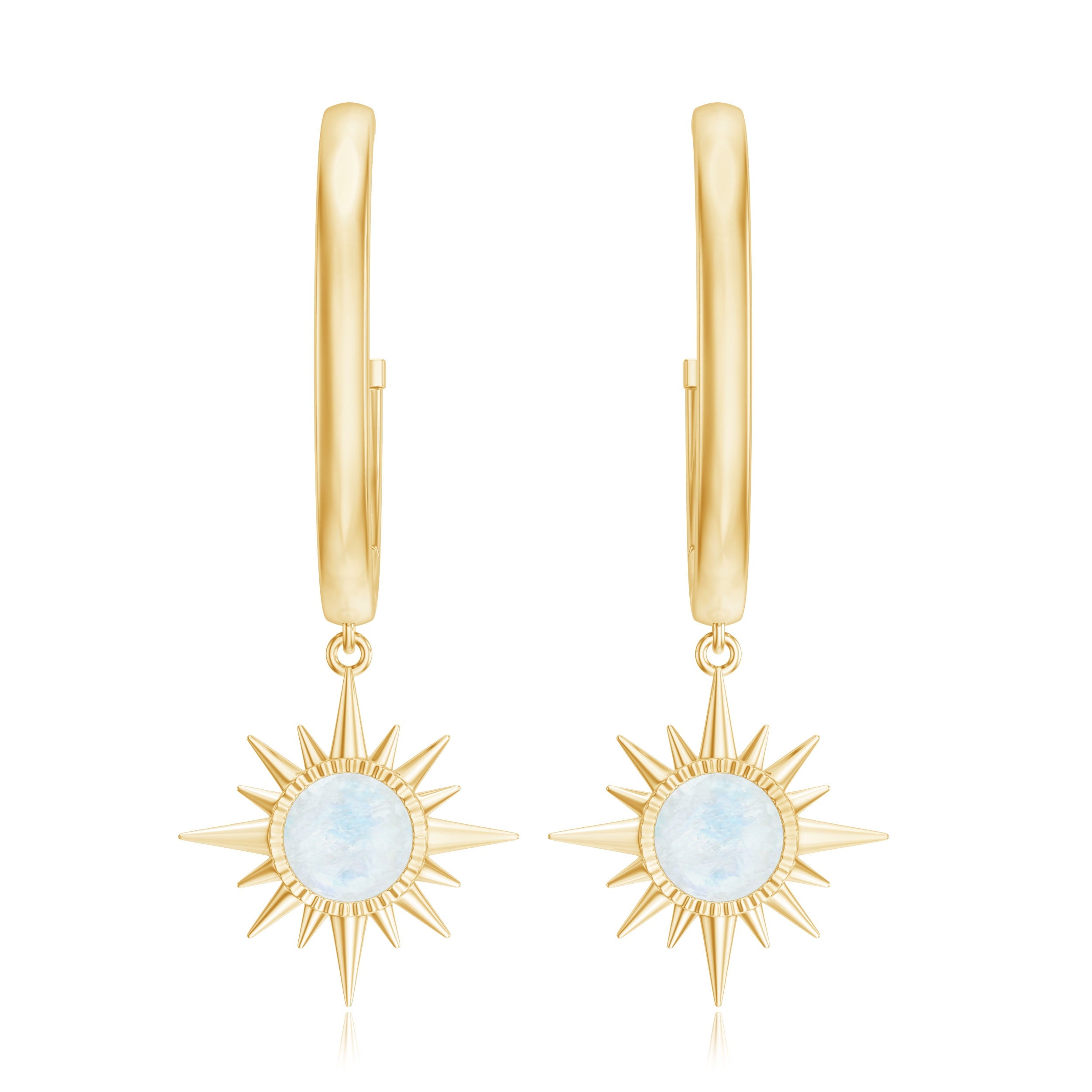 Natural 0.7 Carat Moonstone Sunburst Drop Earrings with Hinged Hoop