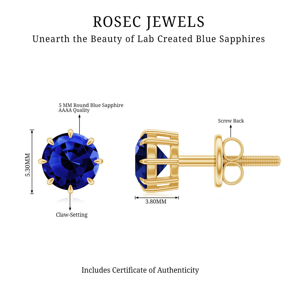 Lab Created Round Blue Sapphire Solitaire Stud Earrings in Claw Setting