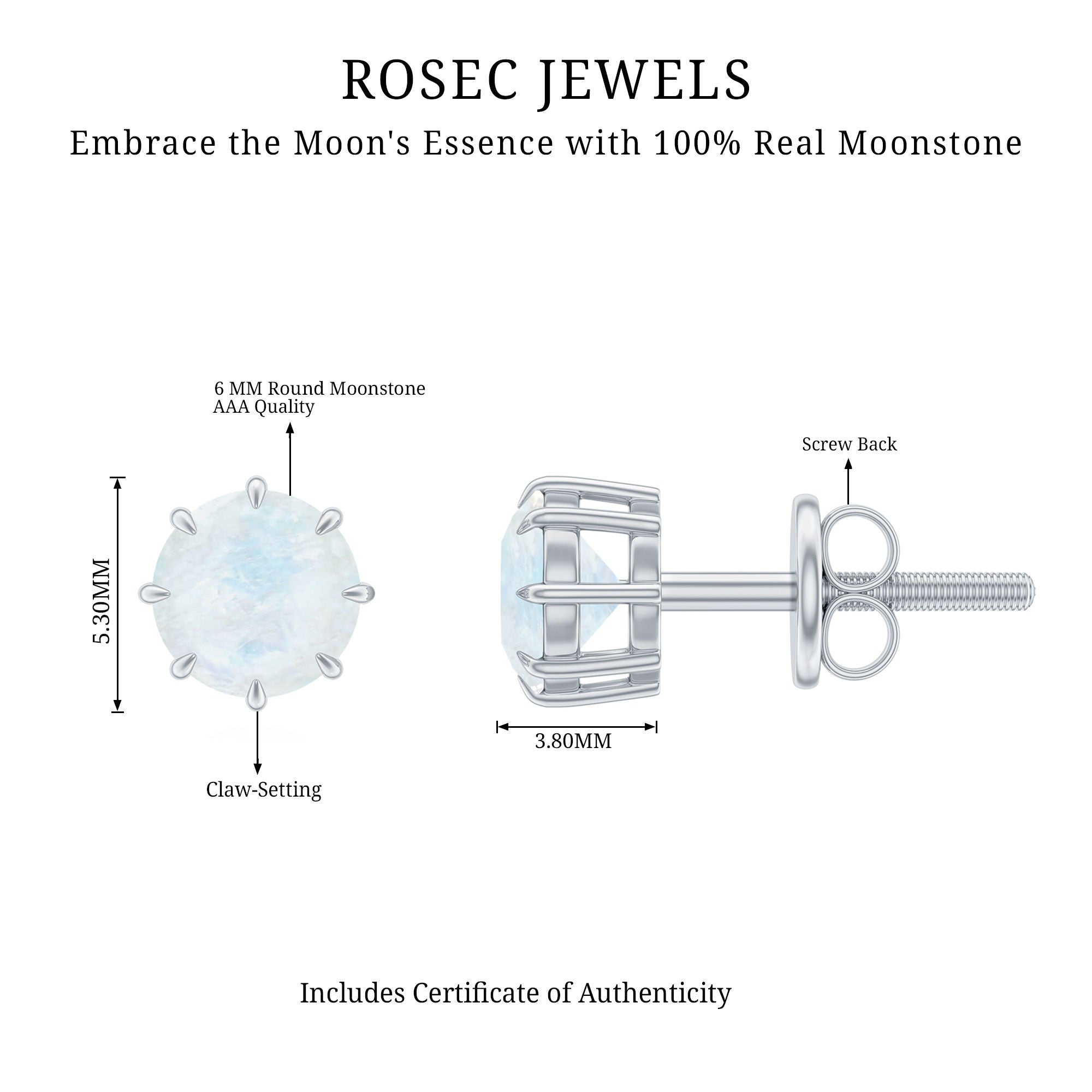 Real 0.7 Carat Moonstone Stud Earrings with Screw Back