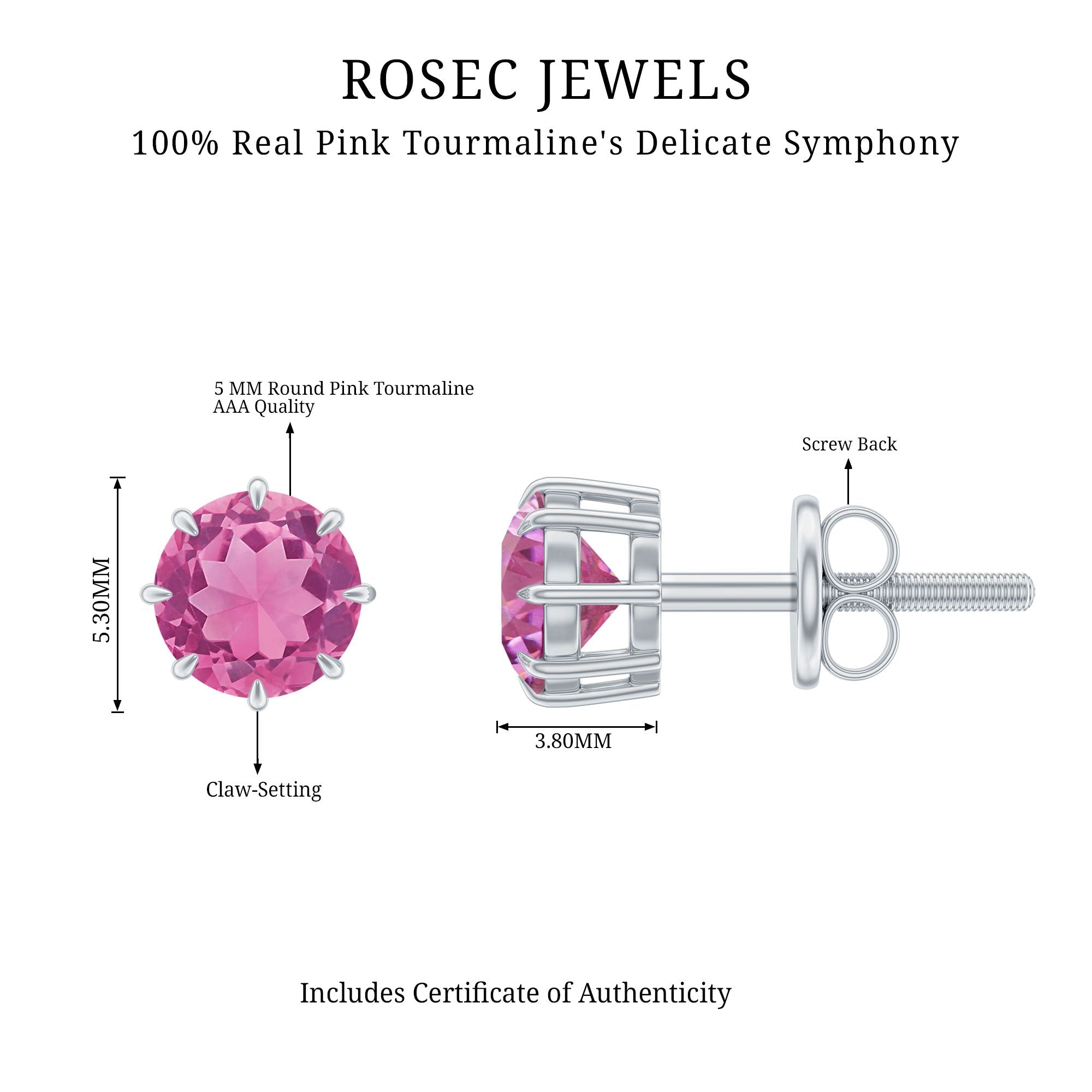 Genuine 1 Carat Pink Tourmaline Stud Earrings with Screw Back