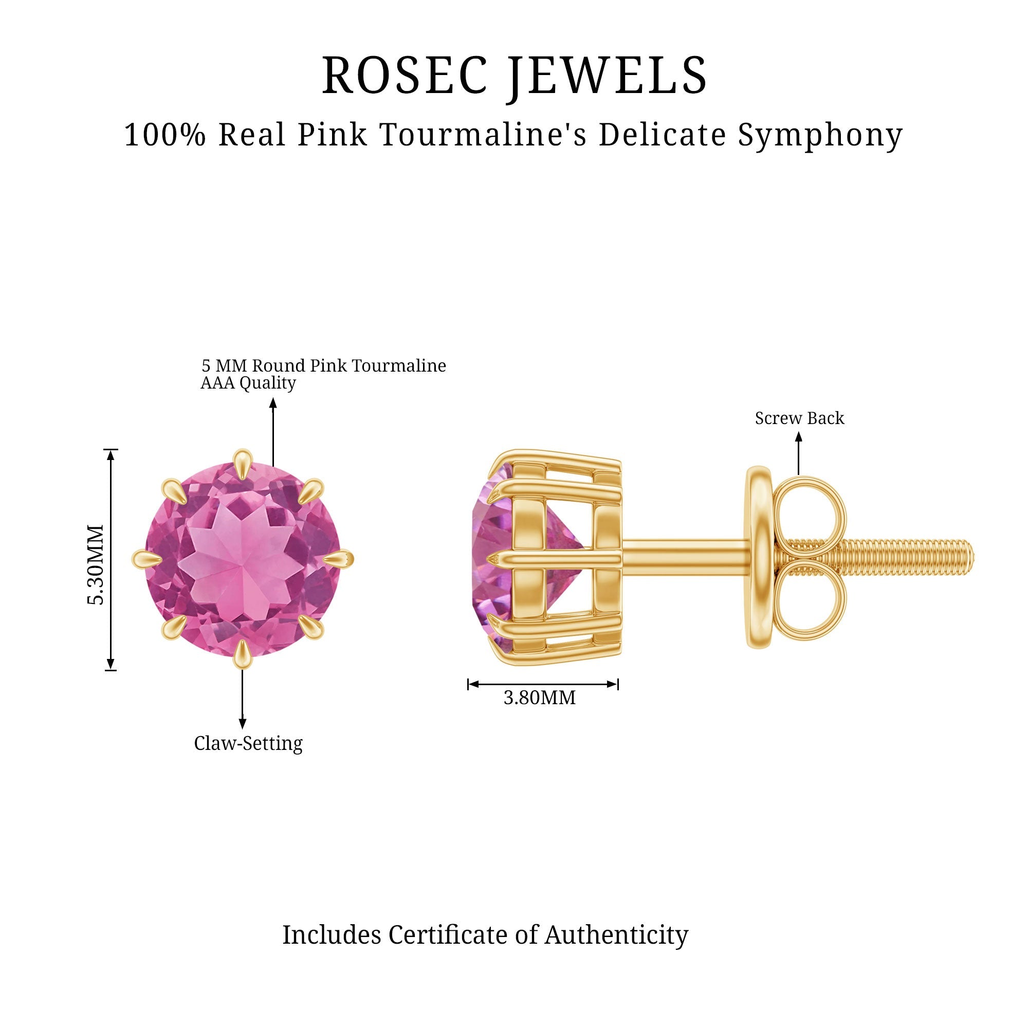Genuine 1 Carat Pink Tourmaline Stud Earrings with Screw Back