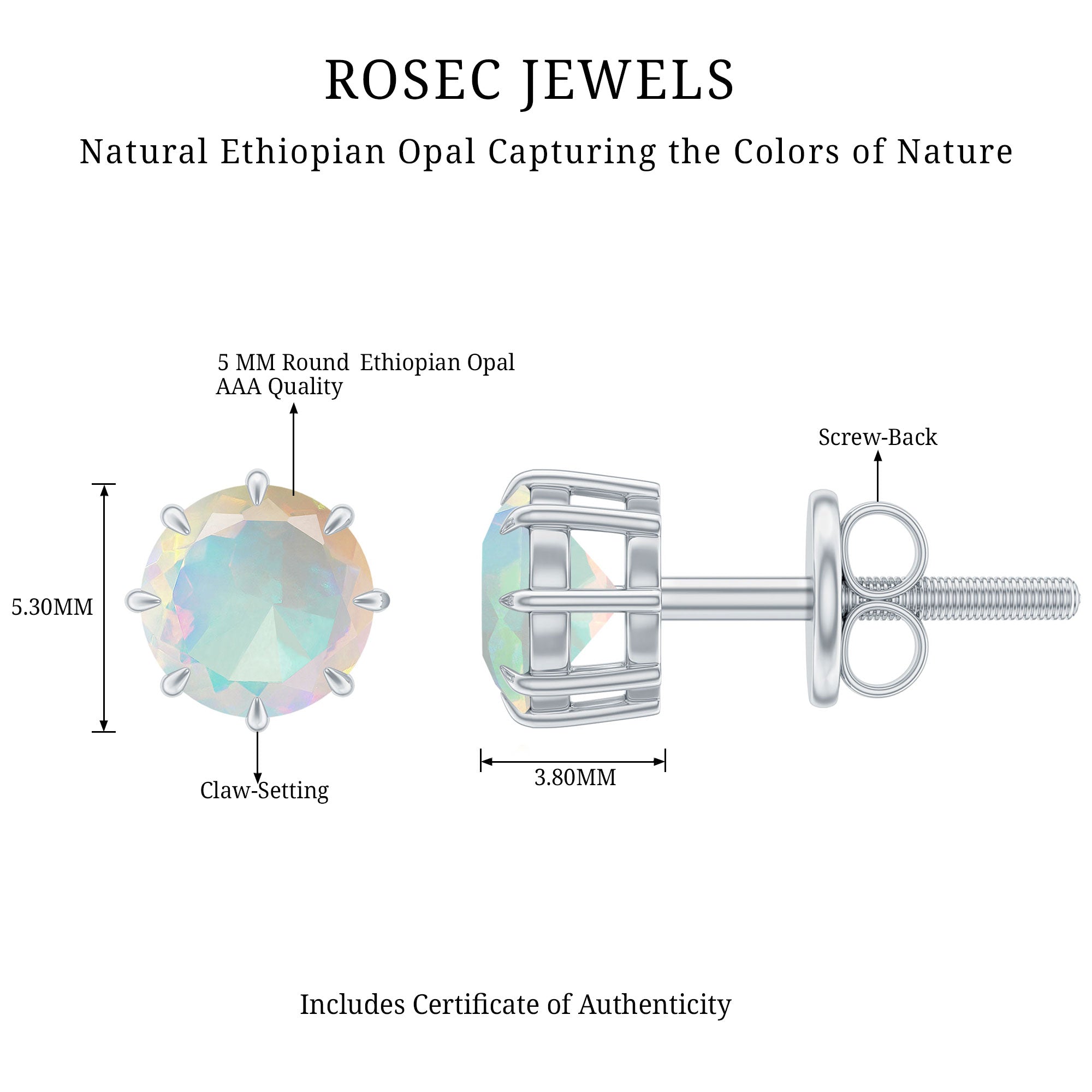 1 Carat Natural Ethiopian Opal Solitaire Stud Earrings