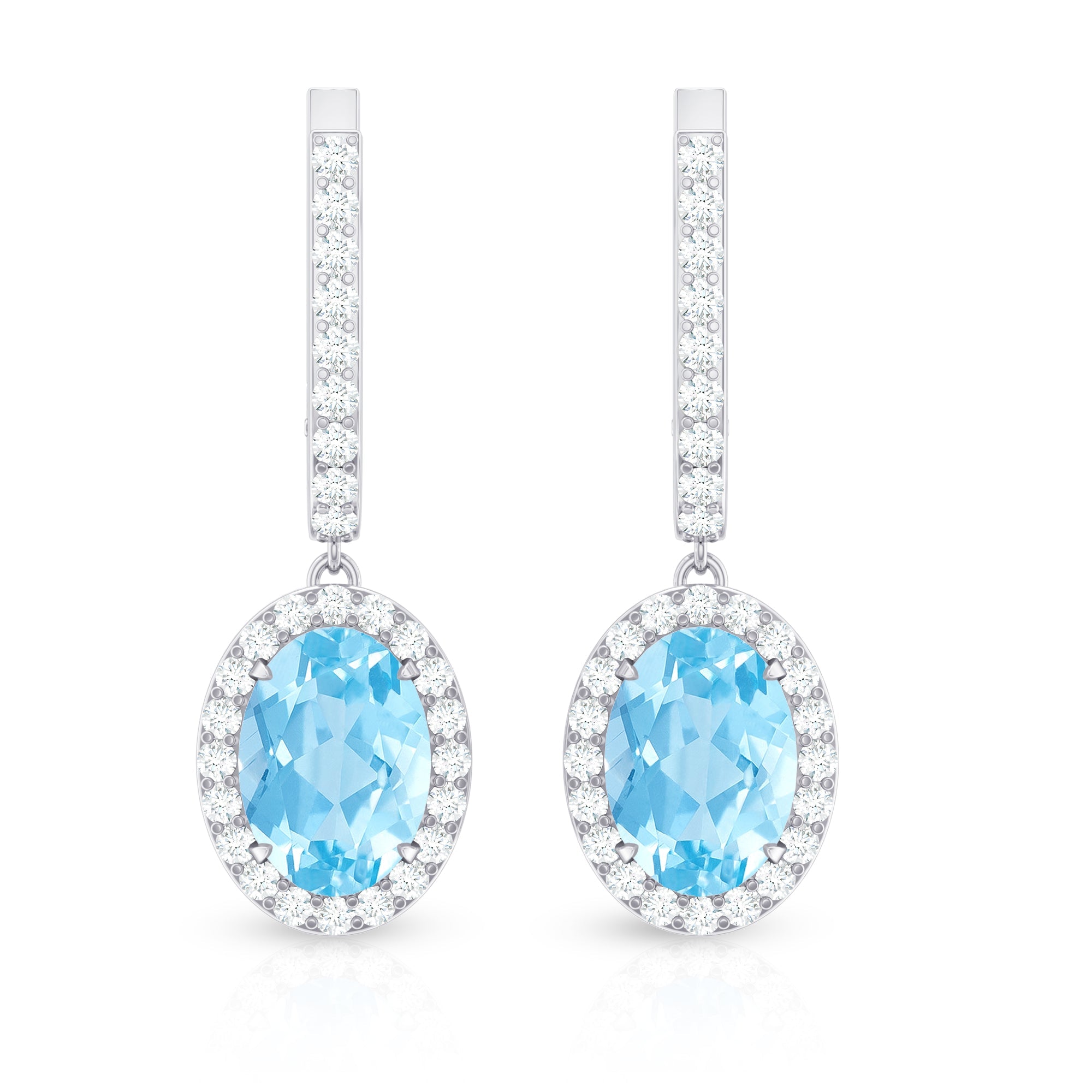 Natural 6X8mm Oval Aquamarine Drop Earrings with Diamond Halo