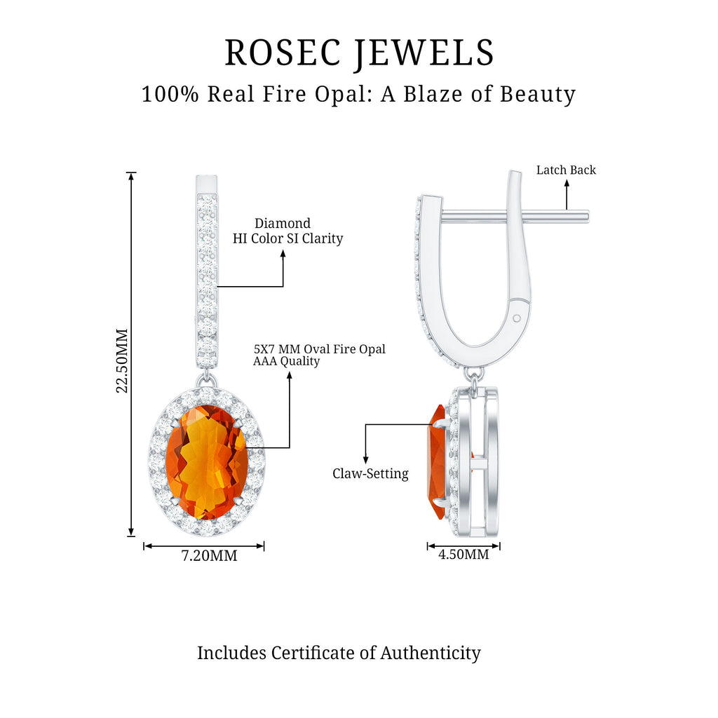 Natural 5X7mm Oval Fire Opal Diamond Drop Earrings with Latch Back